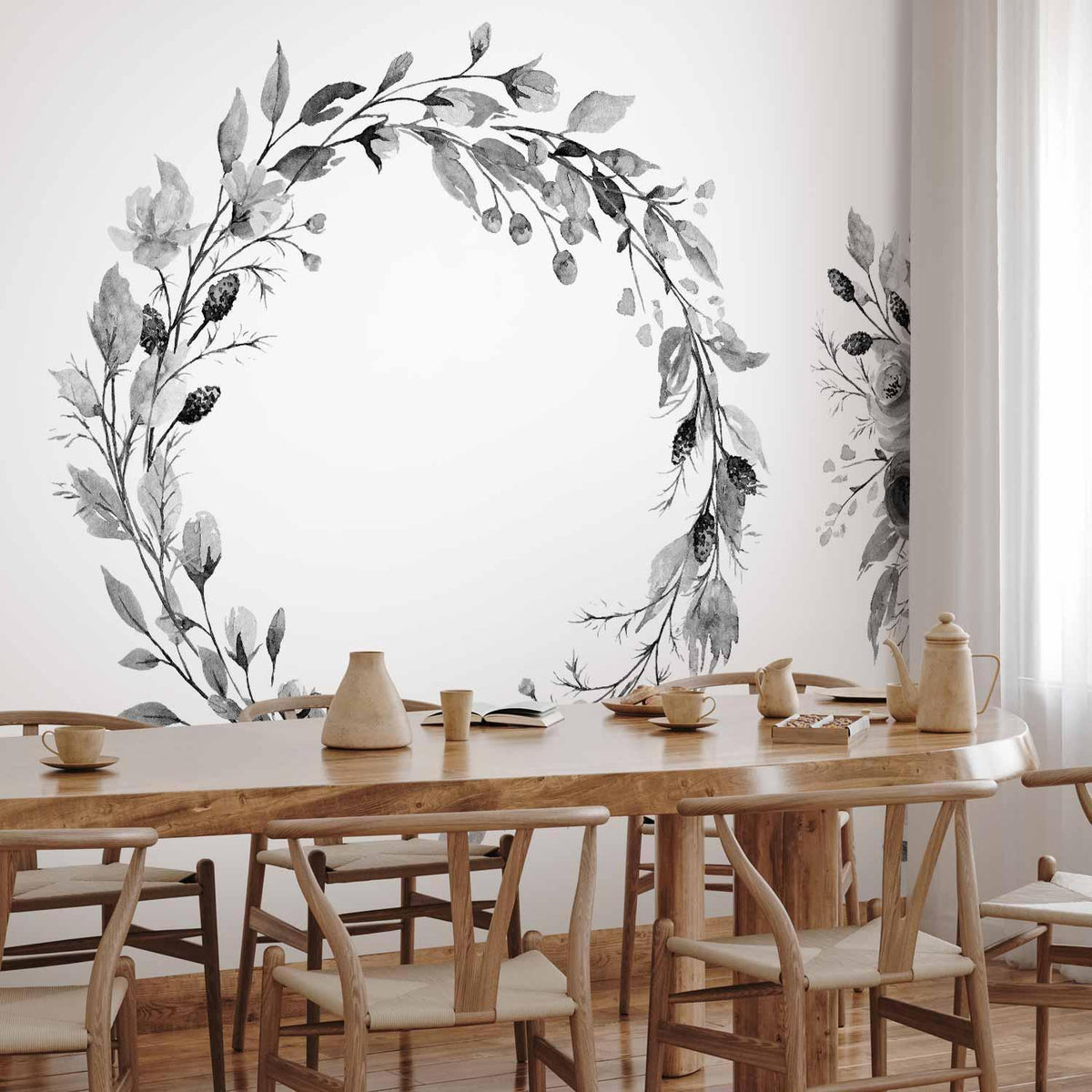 Fototapete - Romantic wreath - grey plant motif with leaves with rose pattern
