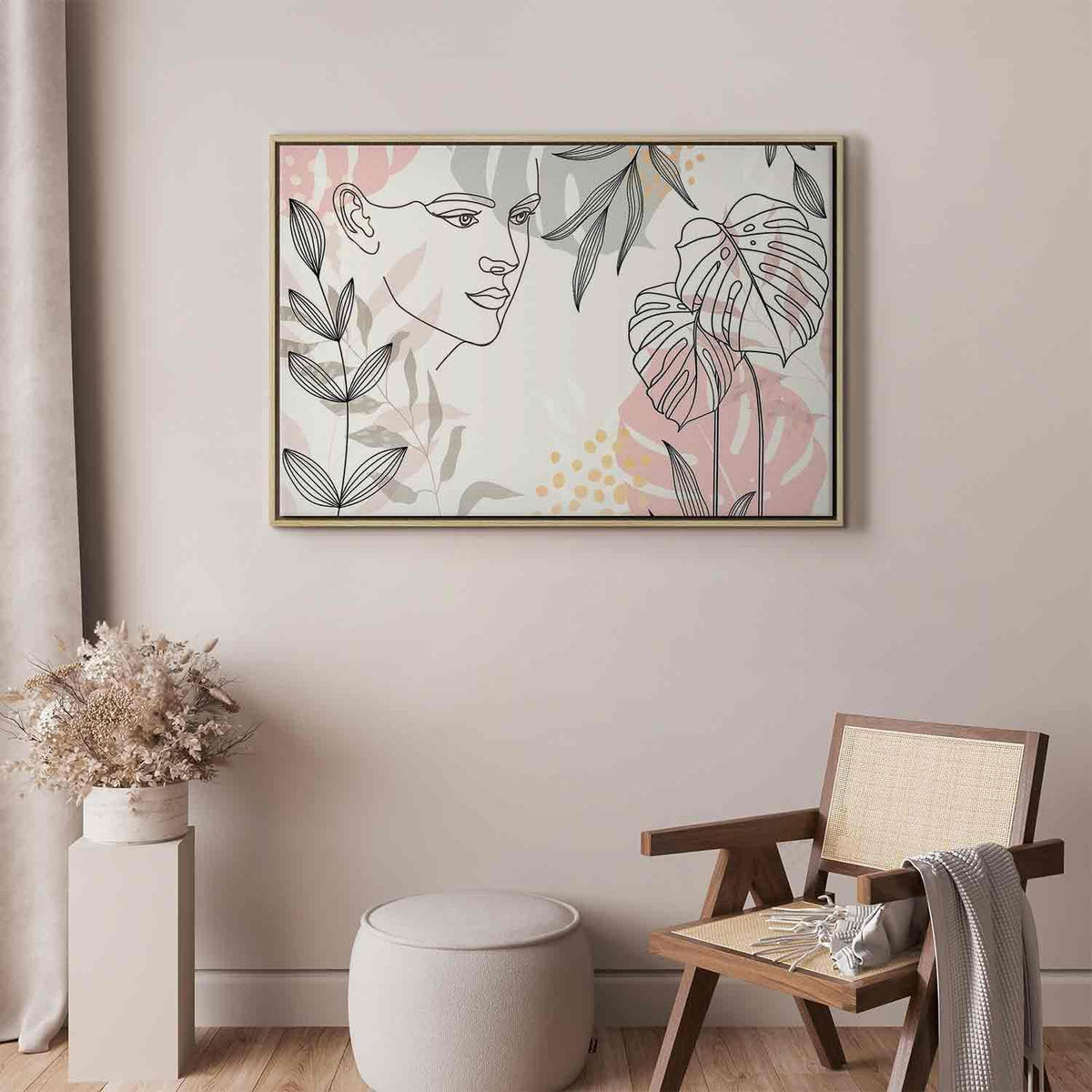 Leinwandbild Frau mit Monstera Blättern – Moderne Line Art