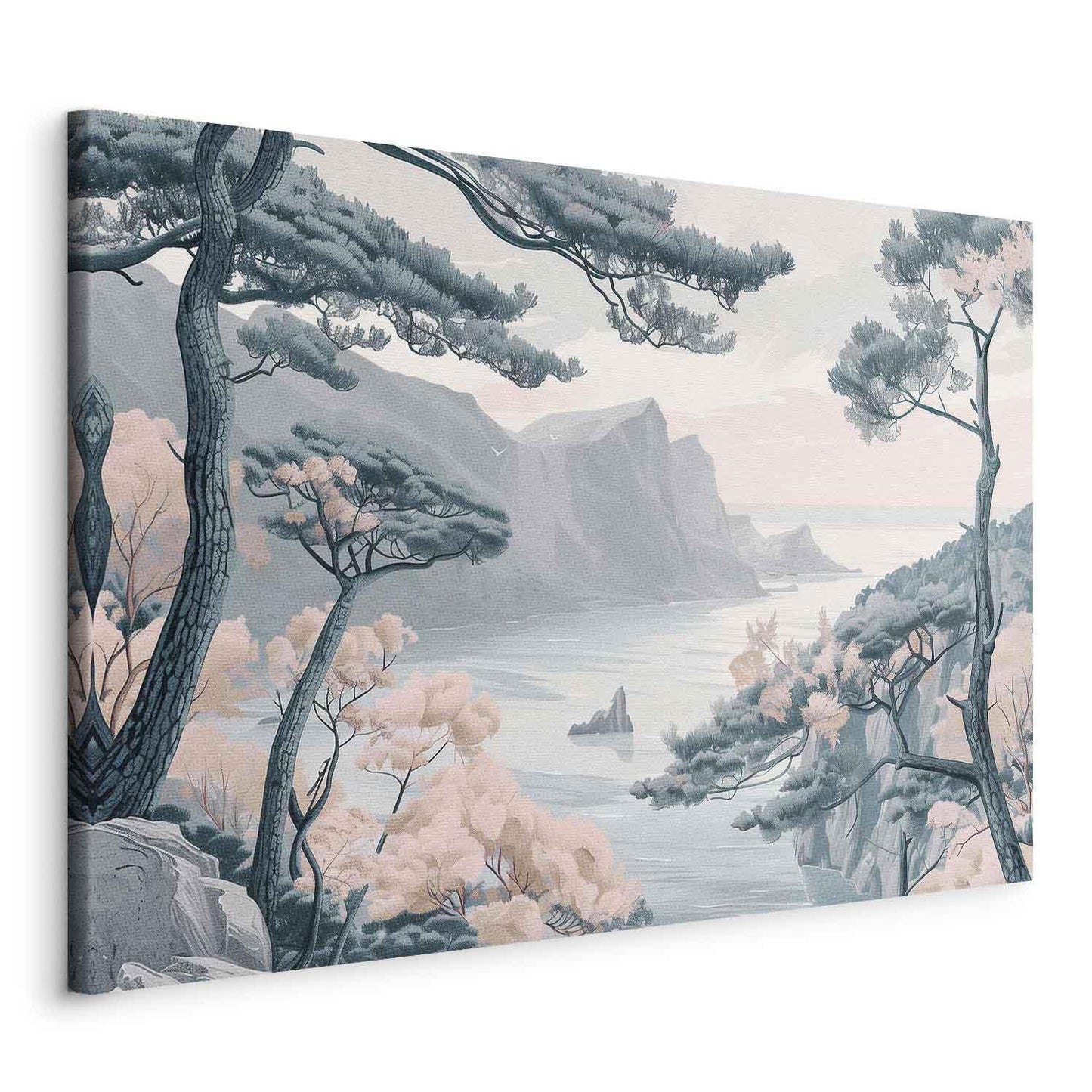 Leinwandbild - Mountainous Coast with Trees and Rocks in Light Pastel Blues Artgeist