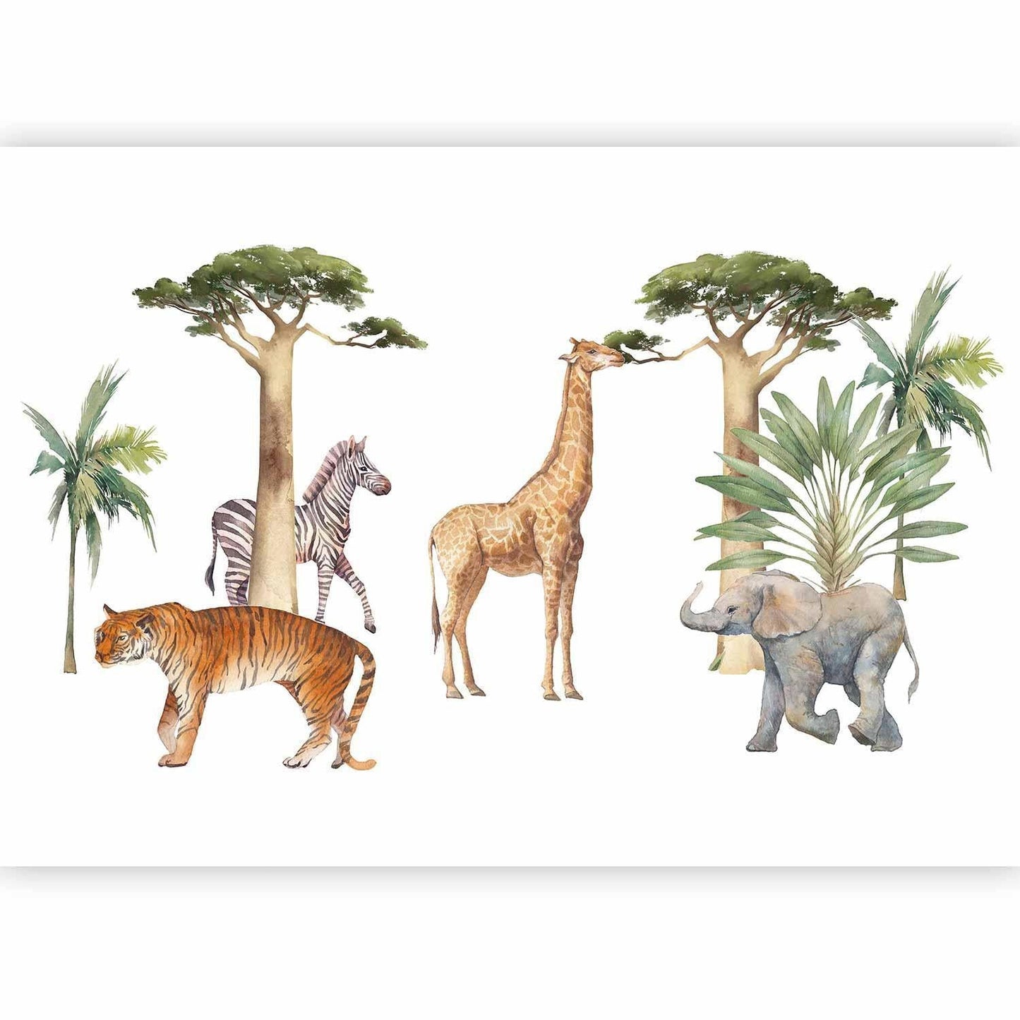 Fototapete - Jungle Animals on White Background Made With Watercolour Technique Artgeist