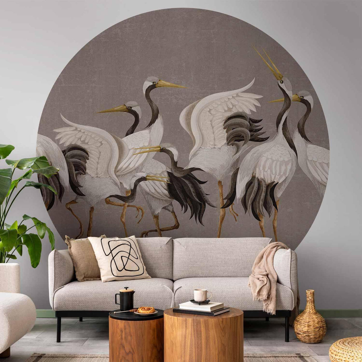 Runde Fototapete - Cranes dancing - bright silhouettes of birds on a warm grey background with texture