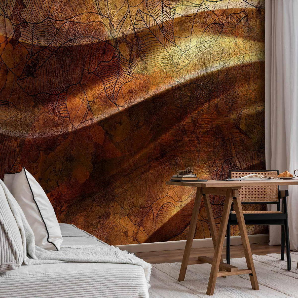 Fototapete - Liquid gold - abstract wavy composition with leaf patterns