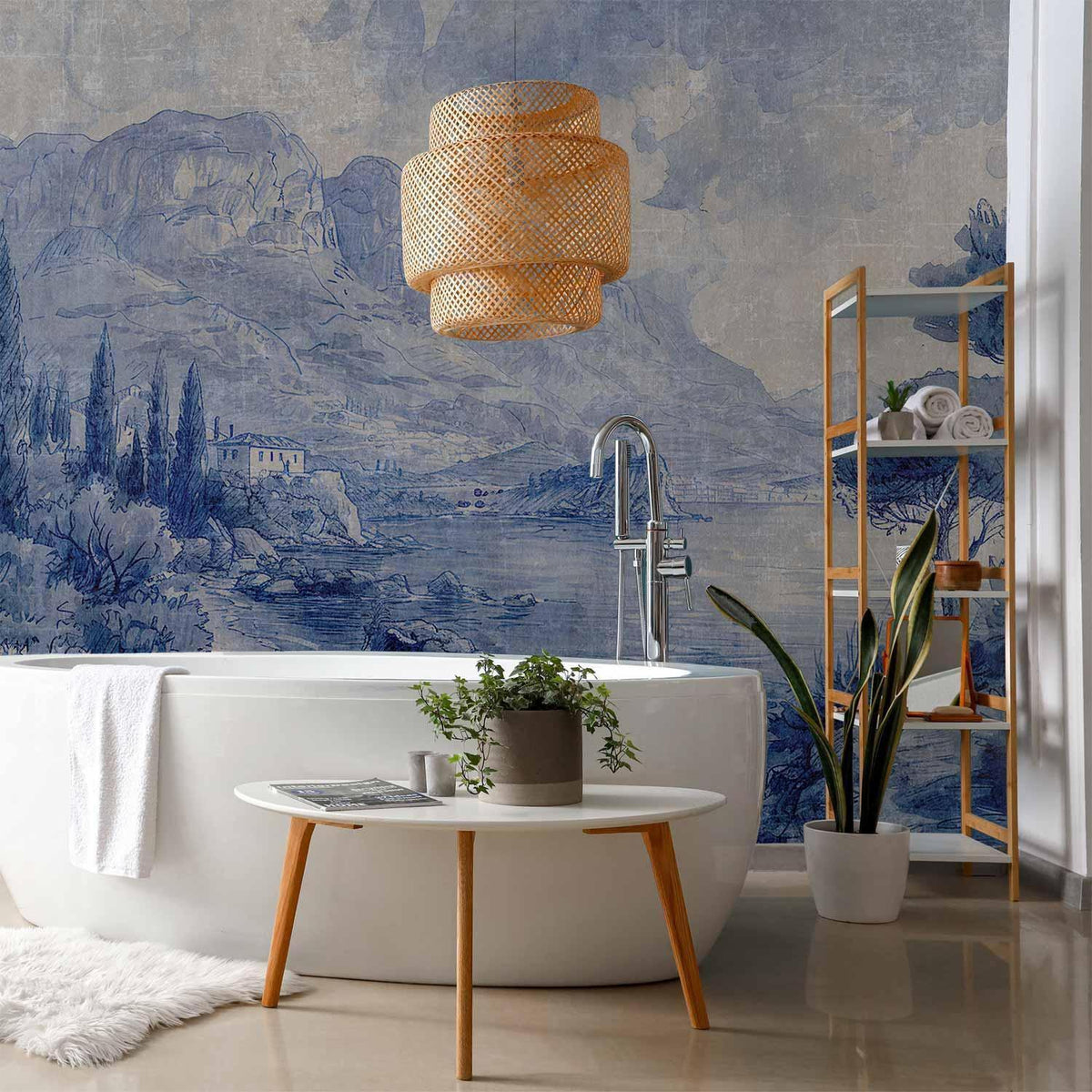 Fototapete Comer See – Blaue Bucht in italienischer Tintenmalerei