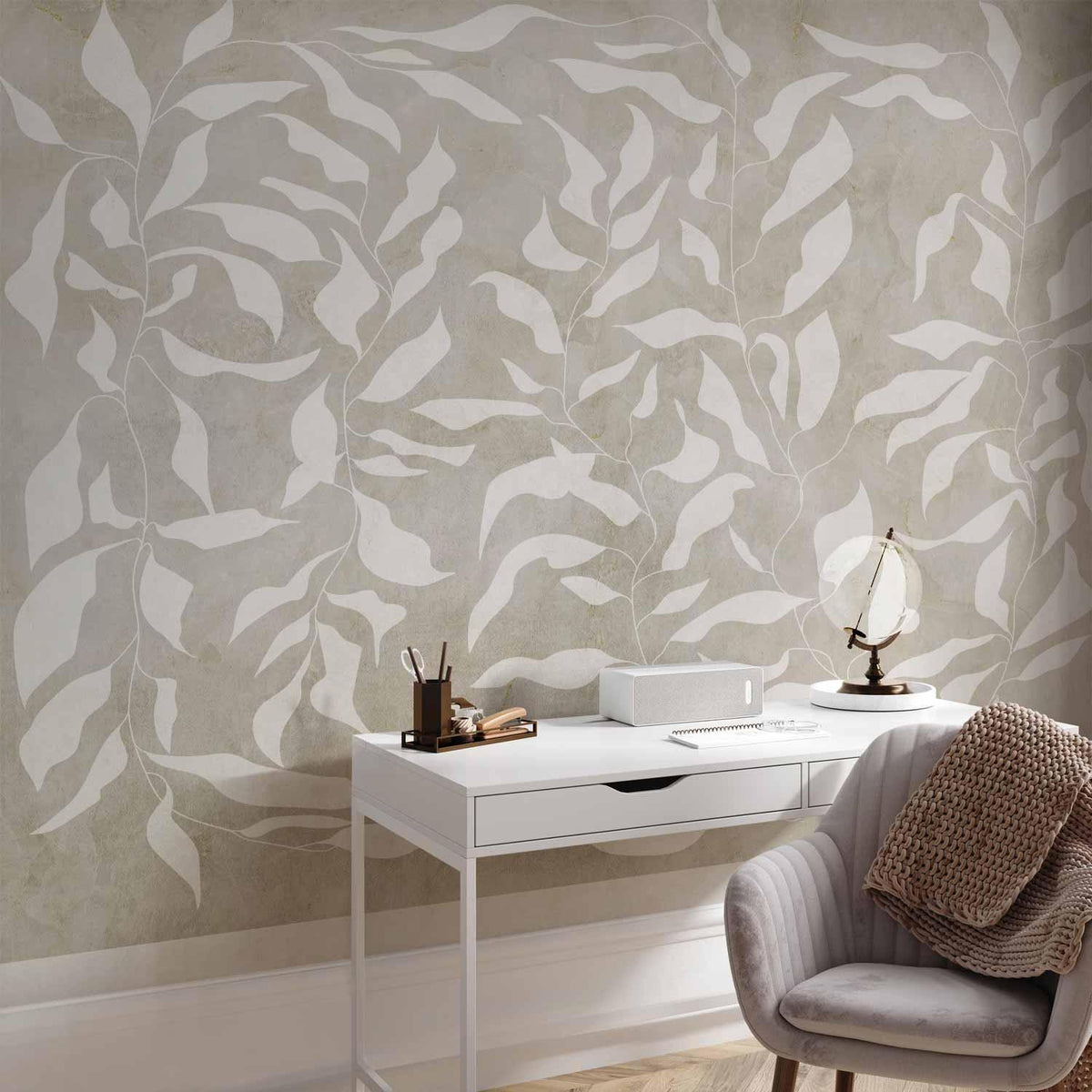 Fototapete - White leaves - abstract plant motif on beige background with frame