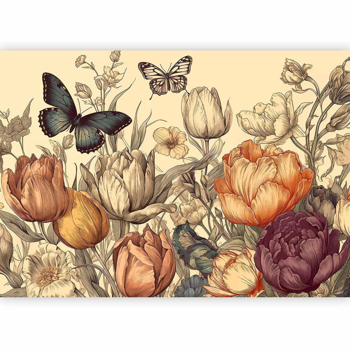 Fototapete Tulpen & Schmetterlinge – Botanische Vintage-Illustration auf Creme