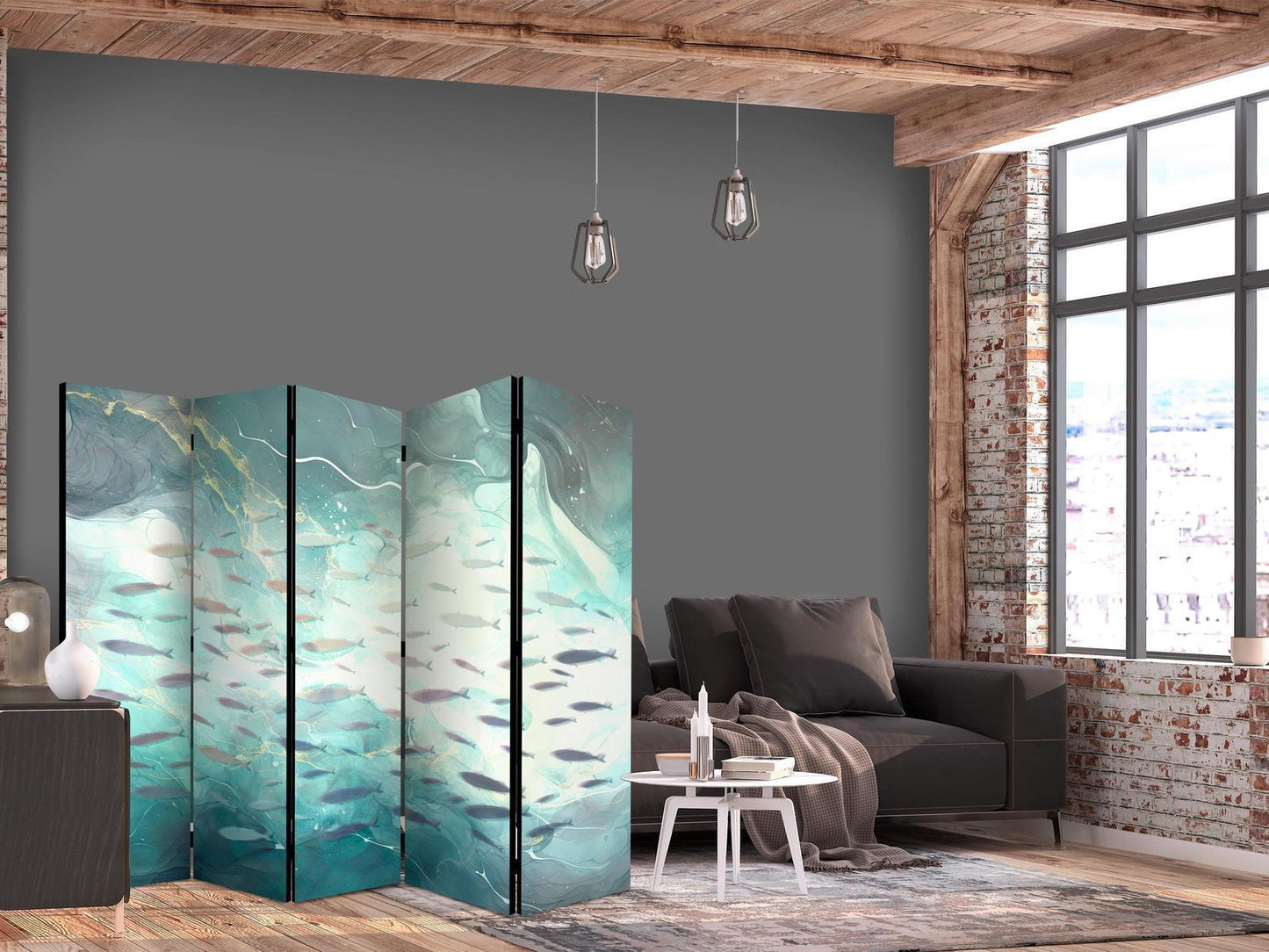 Paravent - Escaping Fish - Very Fast Swimming Fishes in Muted Colors Among Sea Depths Artgeist