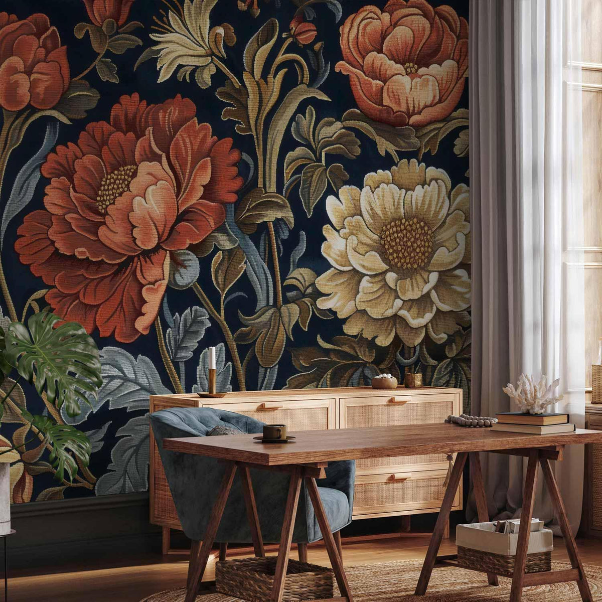 Fototapete - Tapestry Large Flowers Retro Floral Motif in Kilim Style