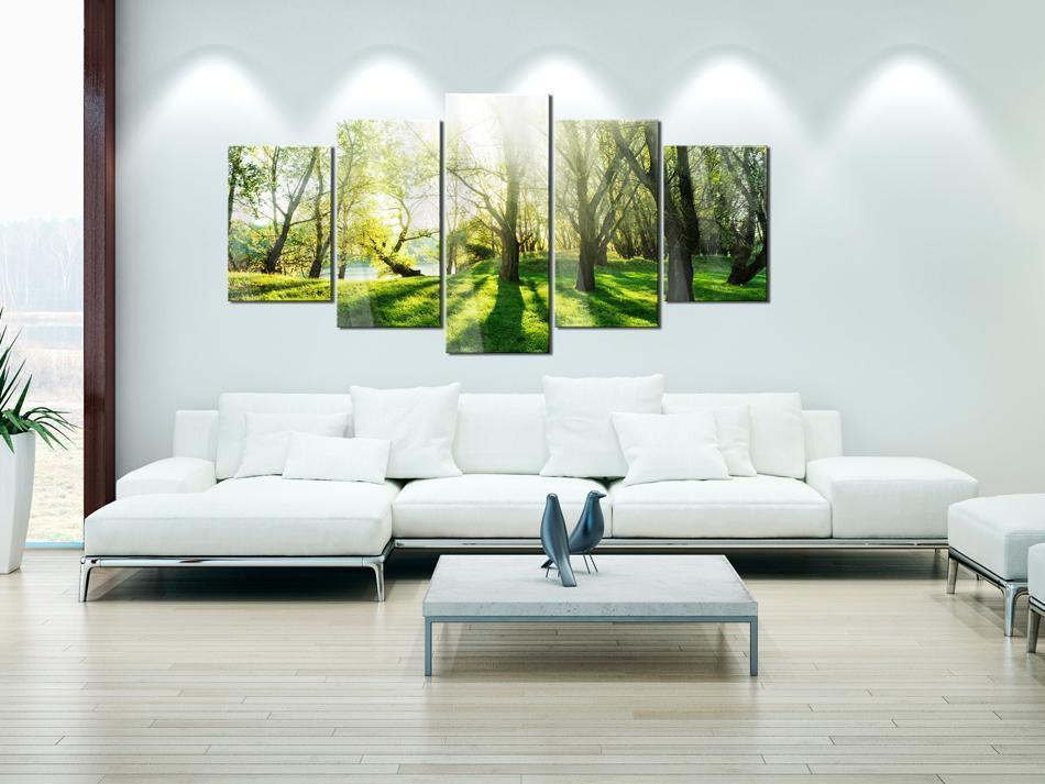 Wandbild Grüne Lichtung – 5-teiliges Acrylglasbild mit Waldwiese am Wasser