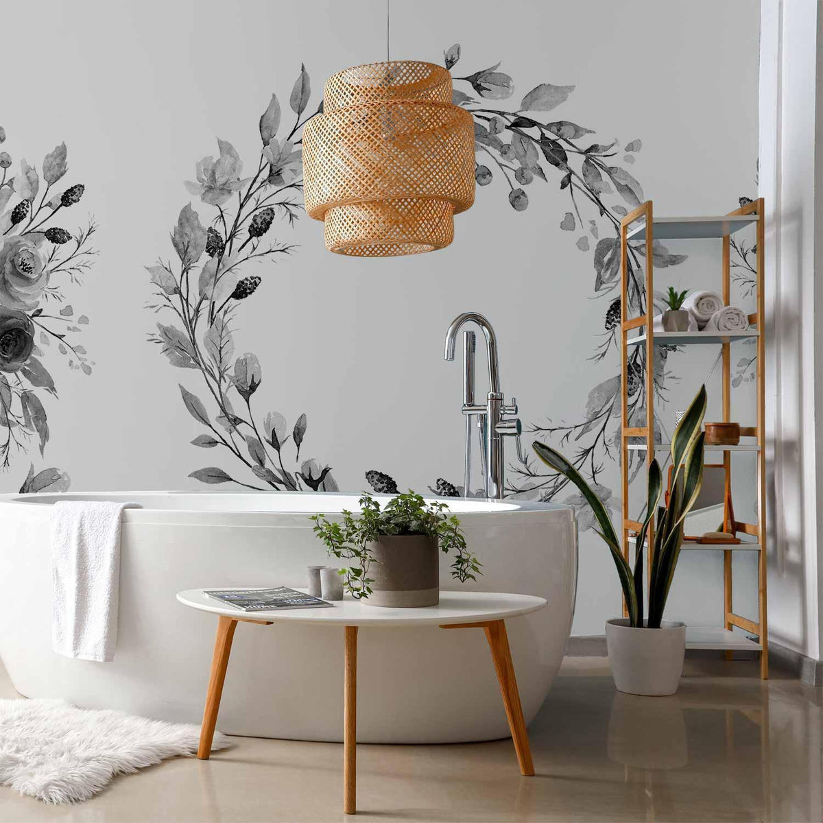Fototapete - Romantic wreath - grey plant motif with leaves with rose pattern
