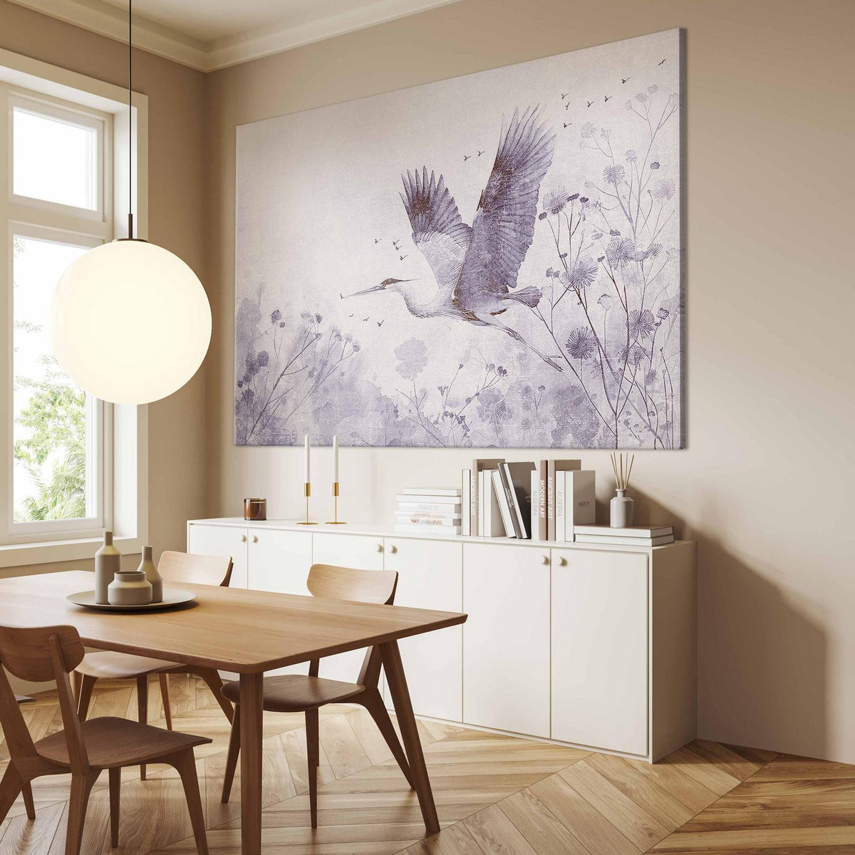 Wandbild XXL - Majestic flight - a crane in flight in monochrome
