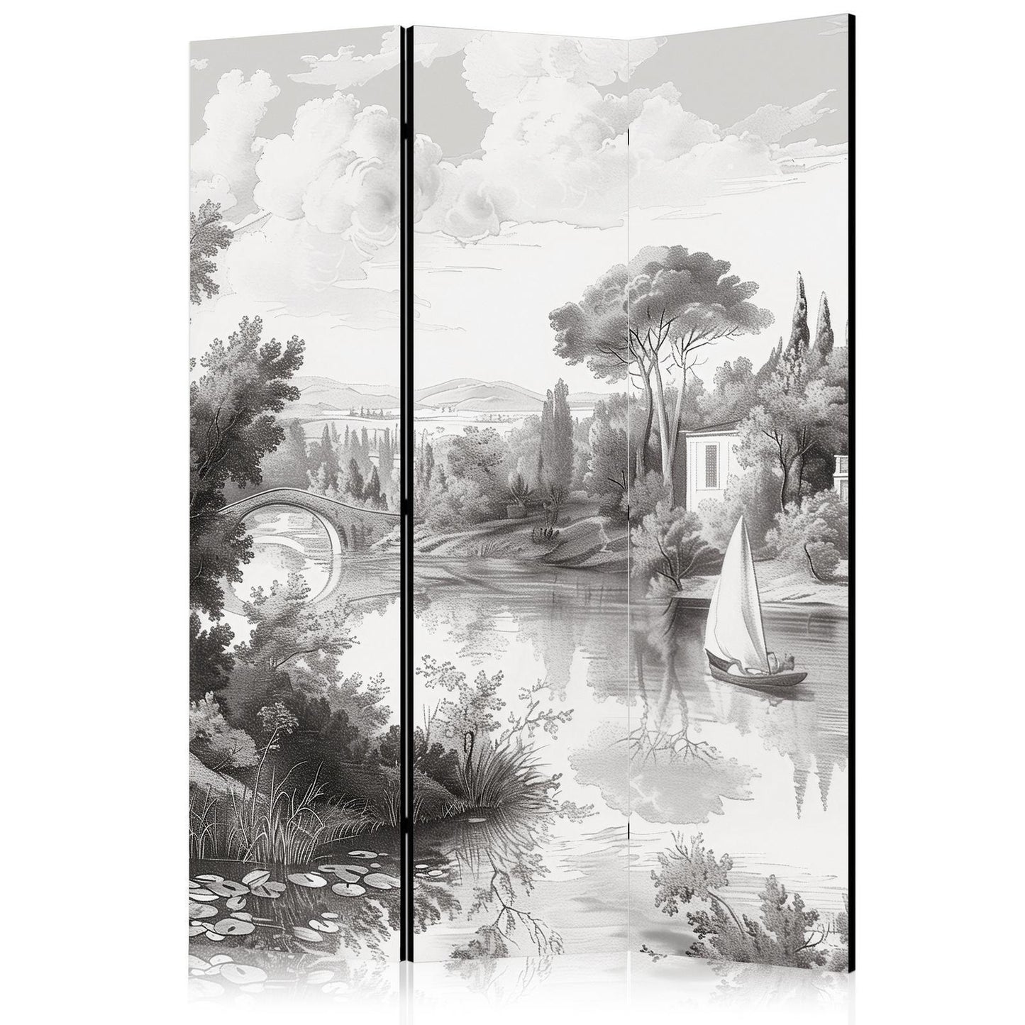 Paravent - Schwarz-Weiß Vintage Landschaft - Retro-Ansicht eines Teichs mit einem Boot Artgeist