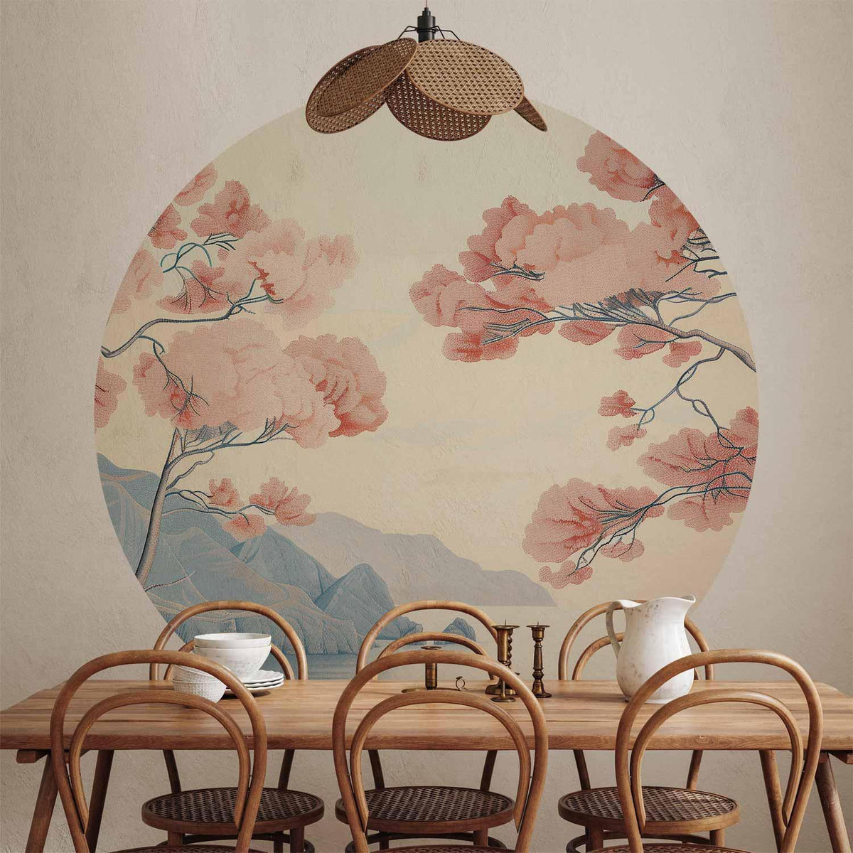 Runde Fototapete - Ocean, cliffs and trees, a delicate motif in pastel colours