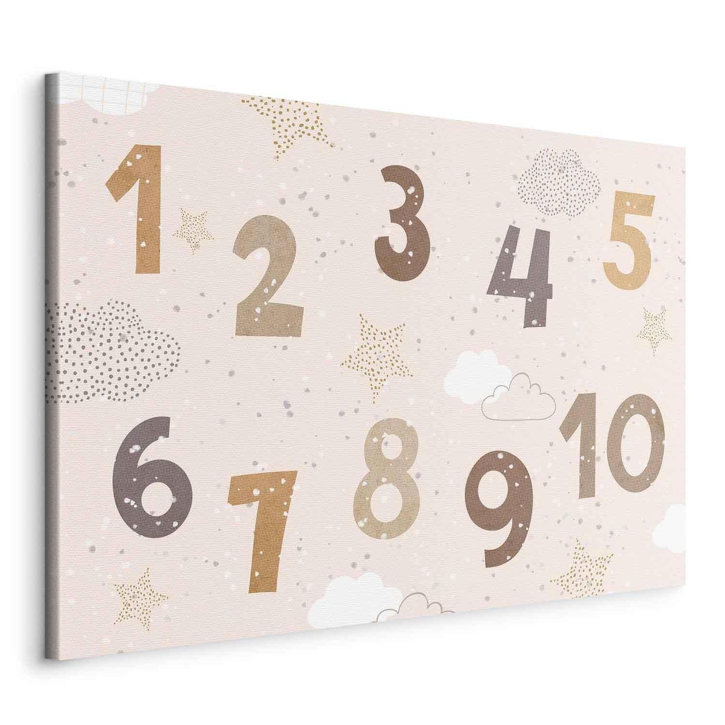Leinwandbild - Jumping Numbers - Numbers in a Subdued Beige-Brown Hue Among Snowflakes Stars and Clouds Artgeist