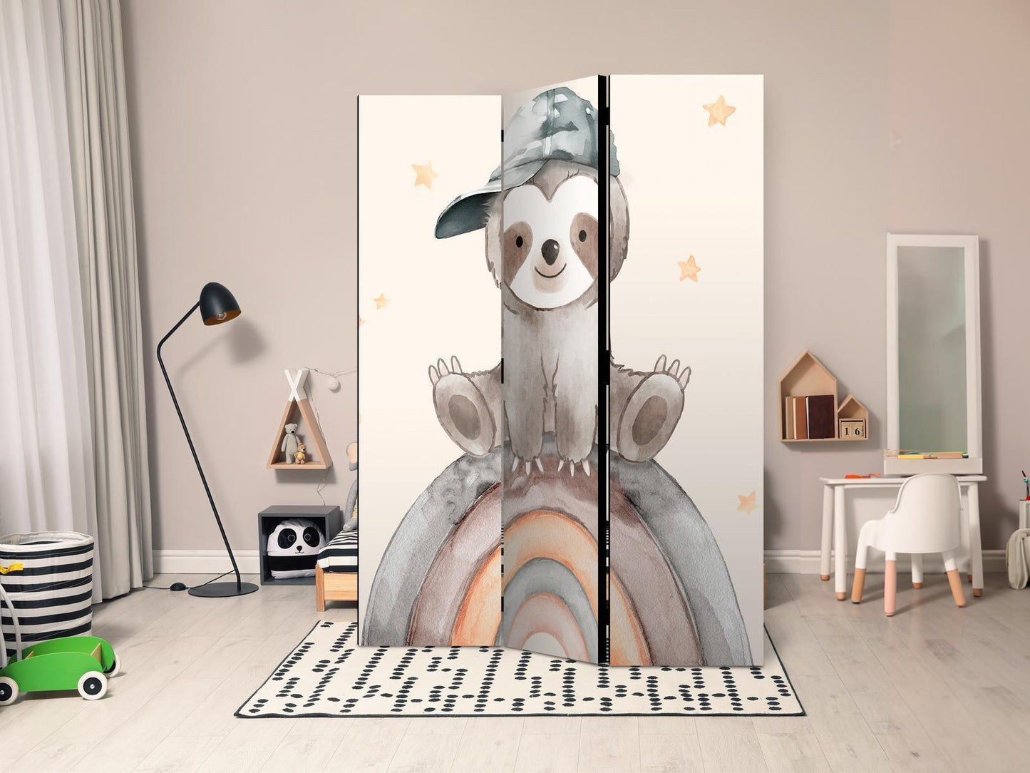 Paravent - Happy Sloth - Sloth in Muted Colors - Wearing a Cap - Sitting on a Rainbow Among the Stars Artgeist
