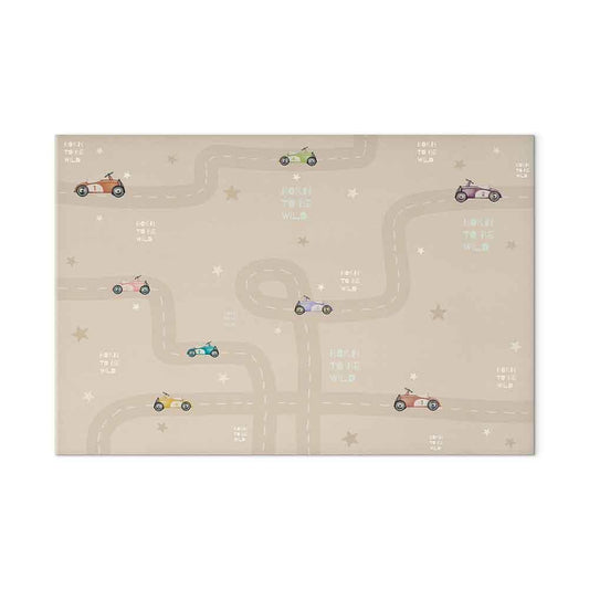 Leinwandbild - Race - Colorful Cars on a Road on a Beige Background with Inscriptions
