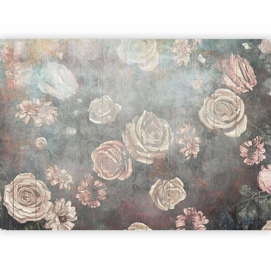 Fototapete - Misty nature - muted rose flowers on a background in grey tones