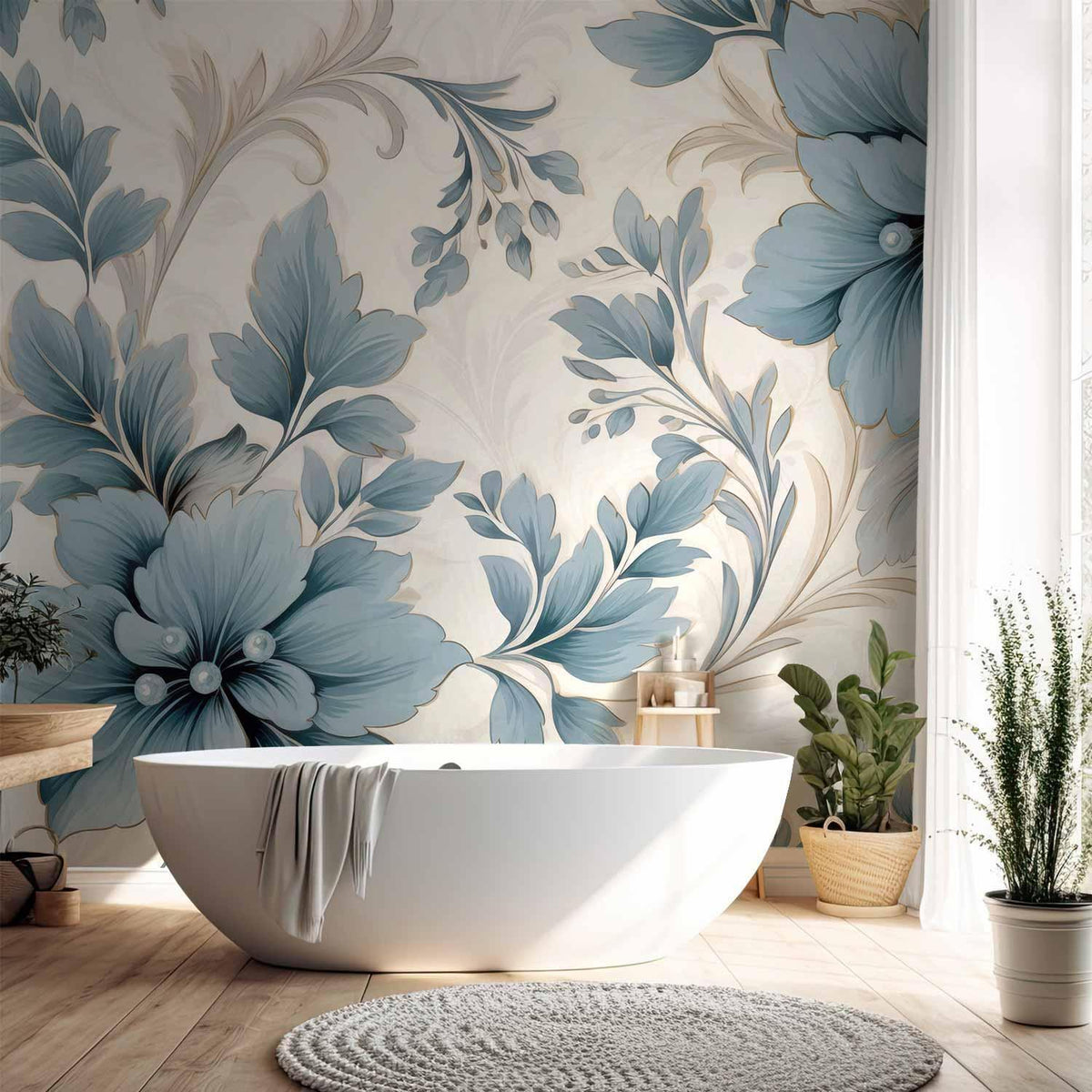 Fototapete - Turquoise Flowers in Retro Ambience - Floristic Ornaments