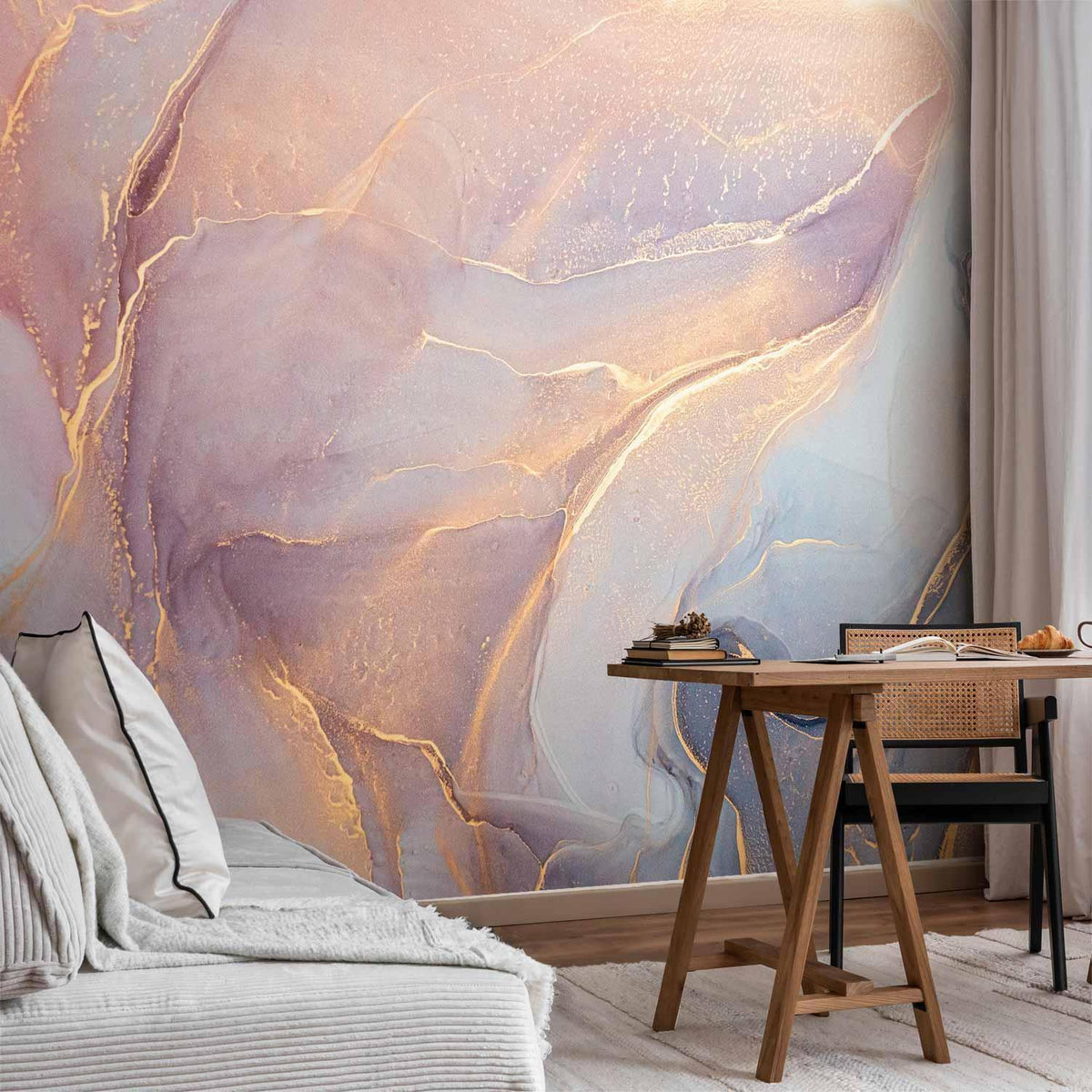 Fototapete - Pink and Blue Marble - Abstract Watercolour With Gold Accent