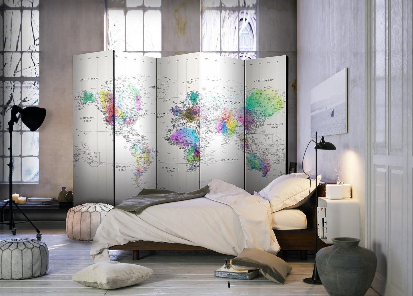 Paravent - White-colorful world map Artgeist