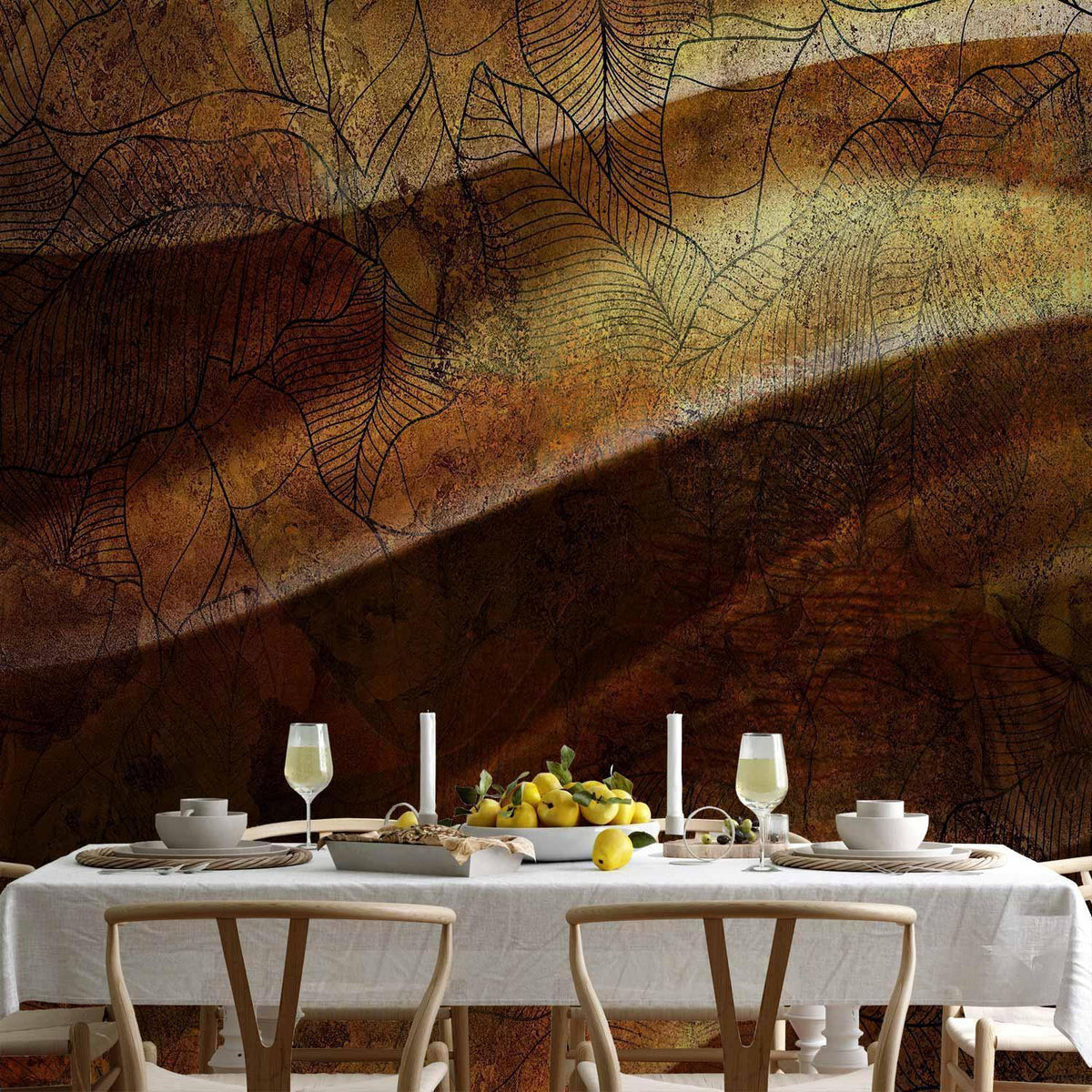 Fototapete - Liquid gold - abstract wavy composition with leaf patterns