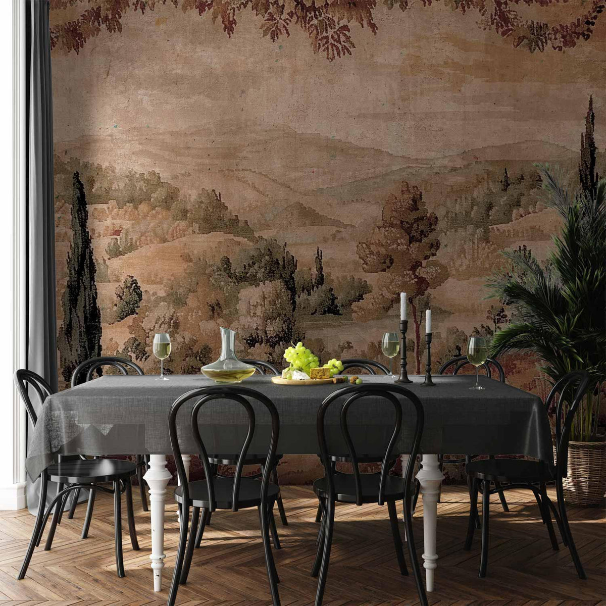Fototapete Mediterrane Landschaft – Alter Wandteppich mit Hügel und See