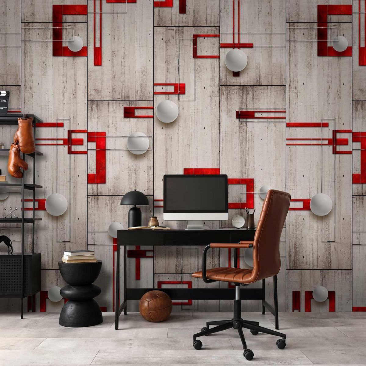 Tapete - Concrete, red frames and white knobs