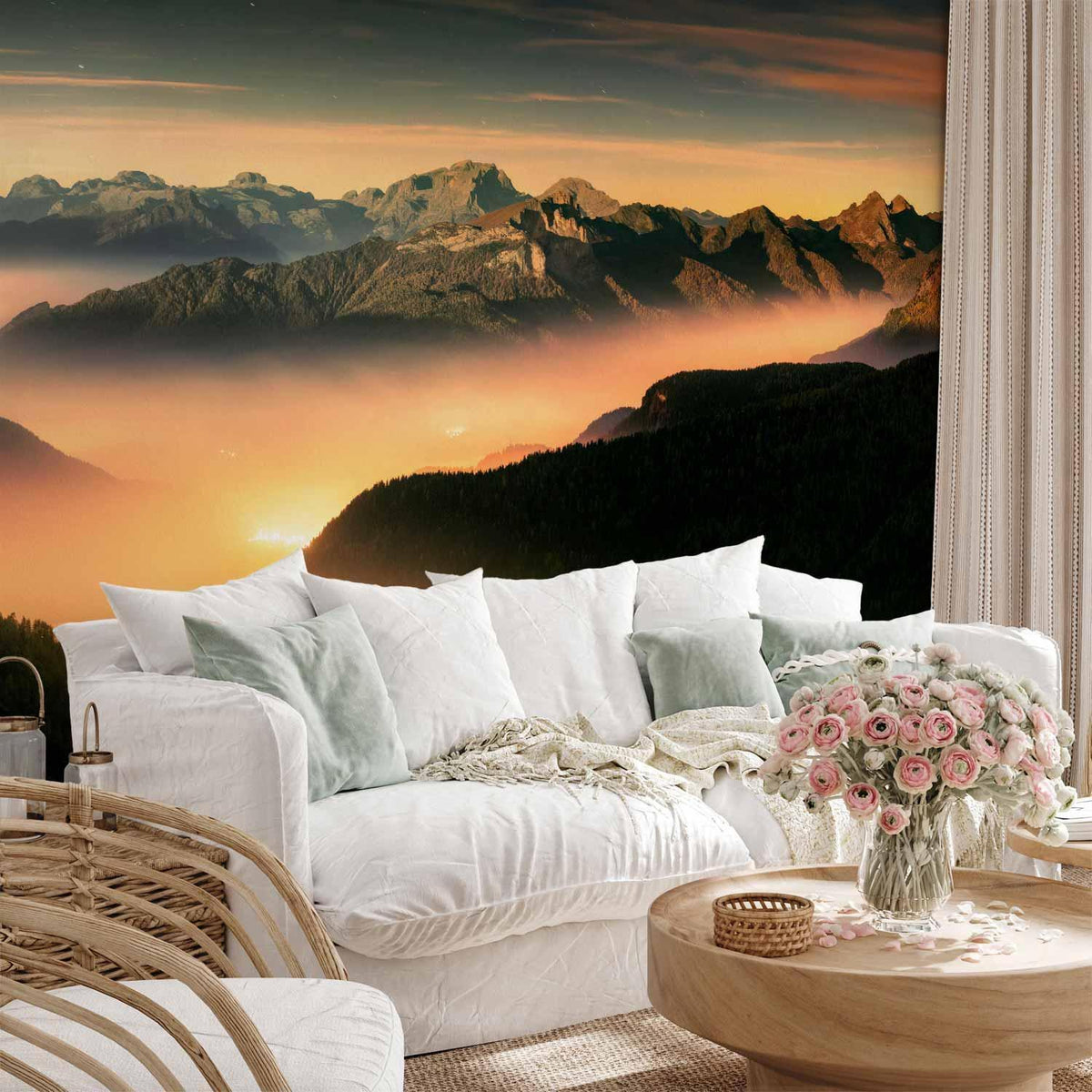 Fototapete Sonnige Berge – Berglandschaft mit Sonnennebel