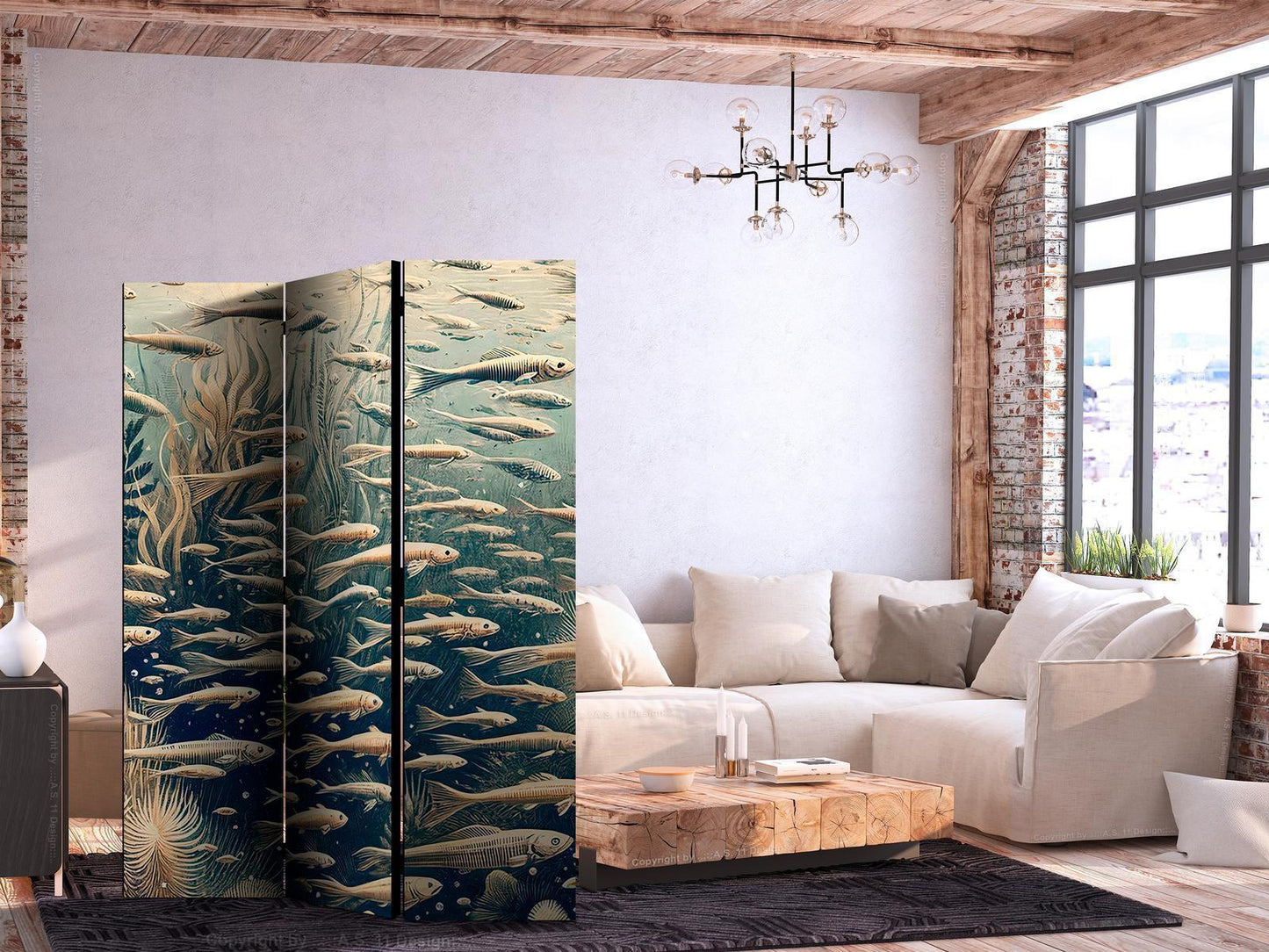 Paravent - Life in the Ocean - Underwater World of Fish and Vegetation in Beige and Navy Colors in Retro Style Artgeist