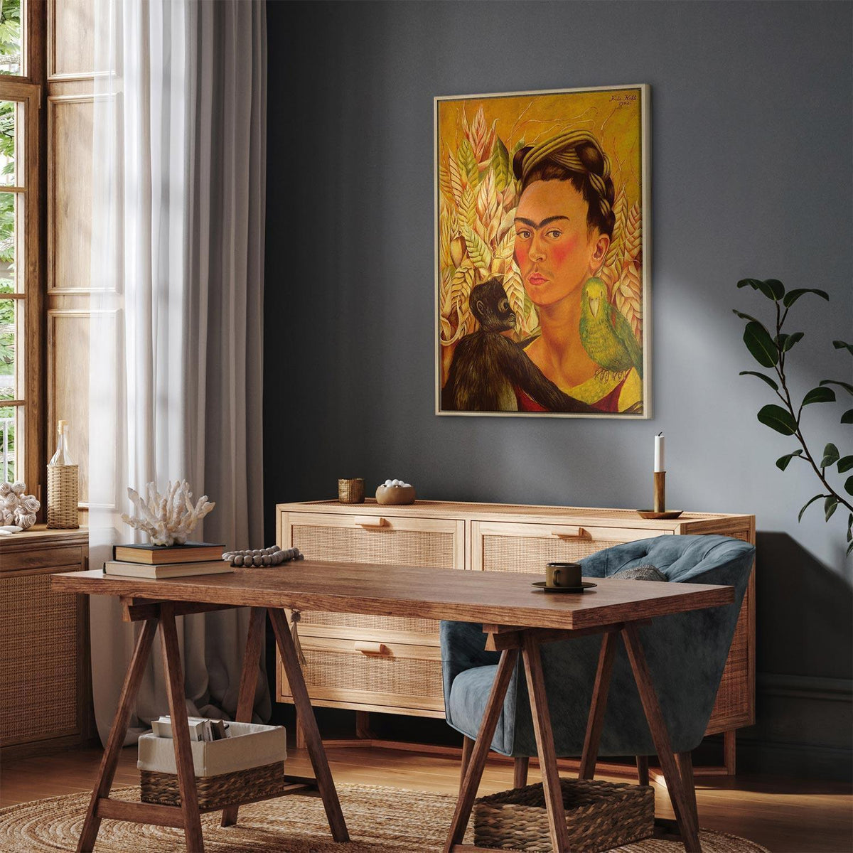 Leinwandbild - Frida Kahlo – Self-Portrait with Monkey and Parrot