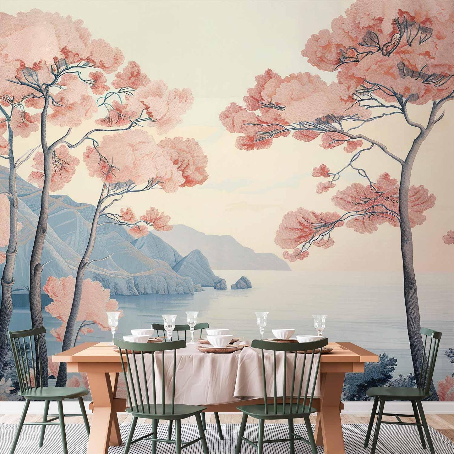 Fototapete - Landscape with the Ocean Cliffs and Trees in Delicate Pink Shades Artgeist