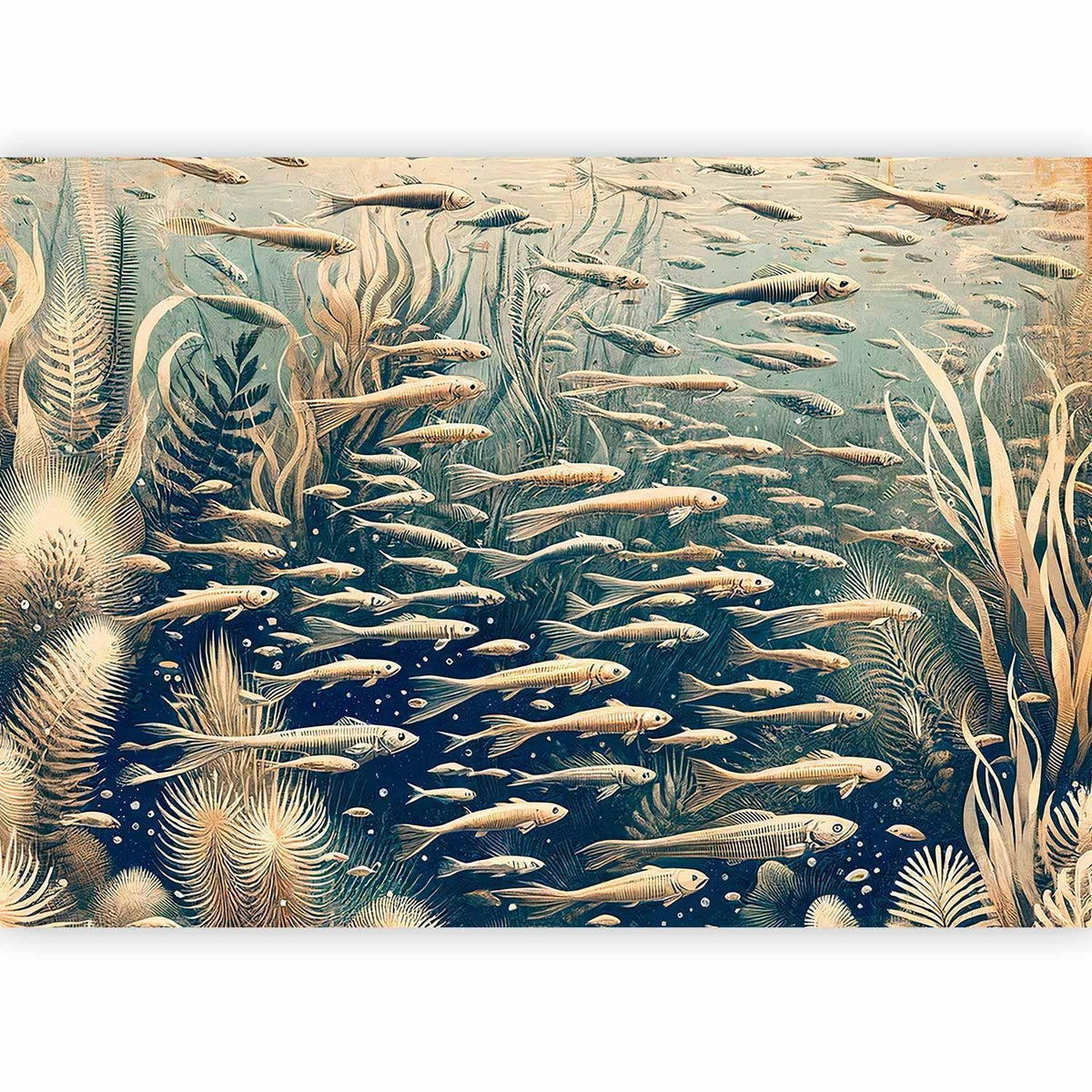 Fototapete Meeresbiologie – Fischschwarm im Vintage-Kupferstich-Stil