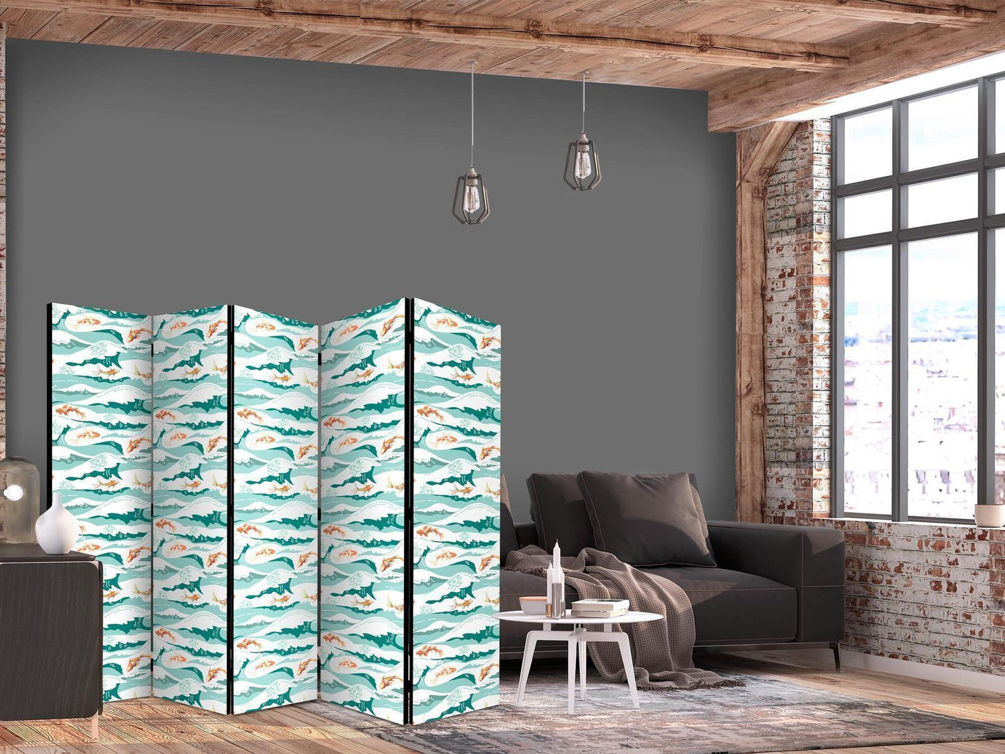 Paravent - Fish Jumping Above The Waves - Oriental Fish And Water Lilies Among High Waves in Shades of Sea Green Artgeist