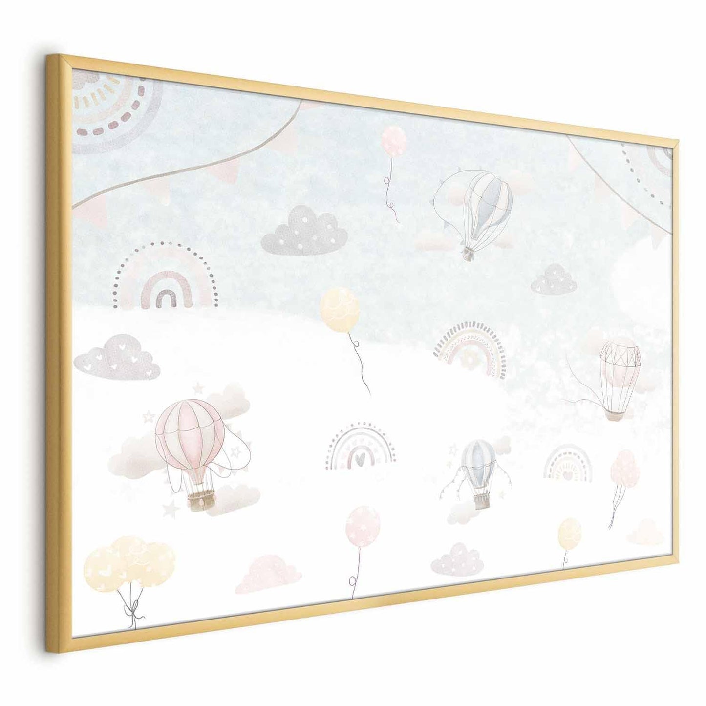 Adventure Among the Clouds poster with balloons and clouds in a gold frame.