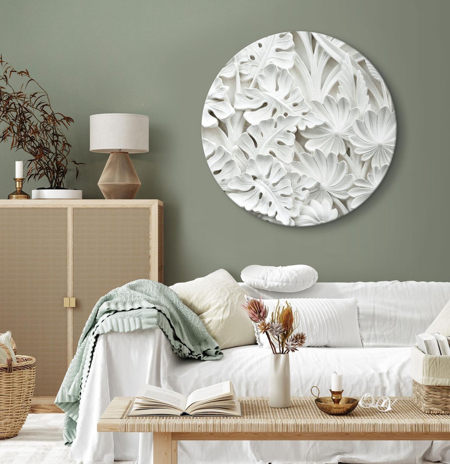 Rundes Bild - Carved Nature - Pattern With White Leaves Made of Stone Artgeist