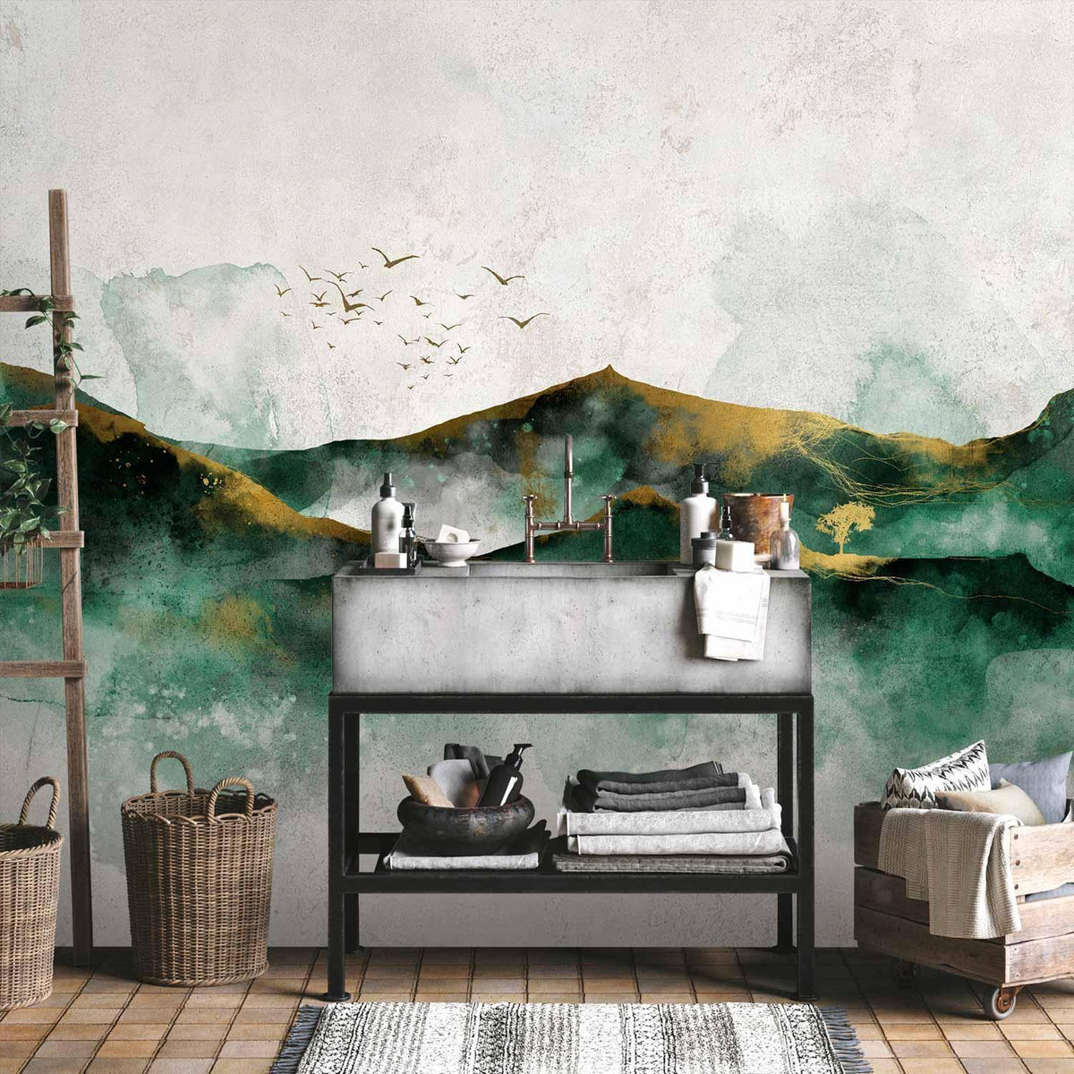 Fototapete - Abstract landscape - green mountains with golden patterns and birds