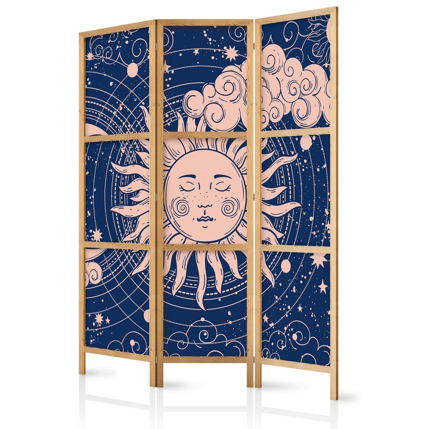 Japanischer Paravent - Cosmic Harmony - Illustration of the Sun and Moon on a Navy Background Artgeist