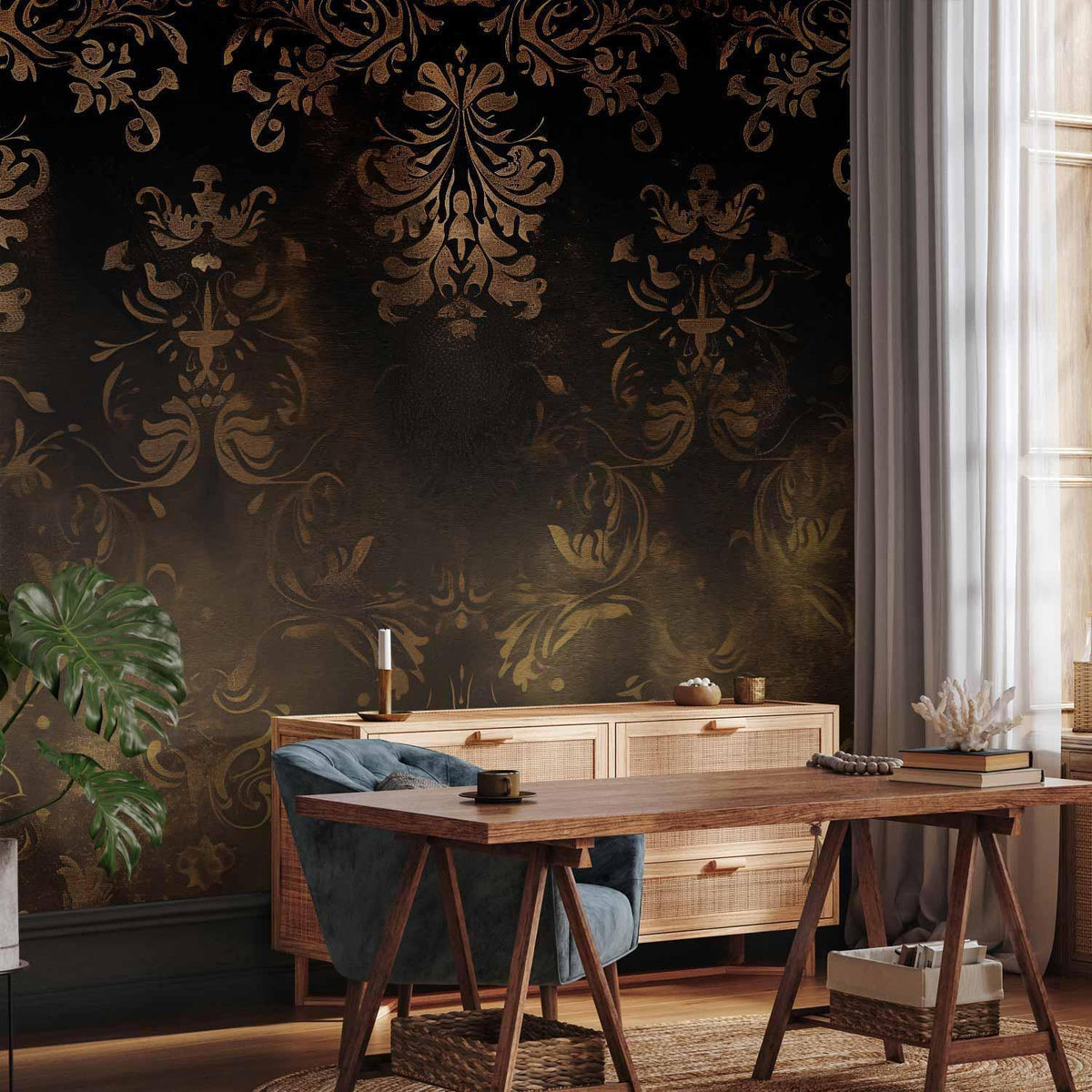 Fototapete - Baroque Ornaments in Patinated Gold and Browns: Retro Motif