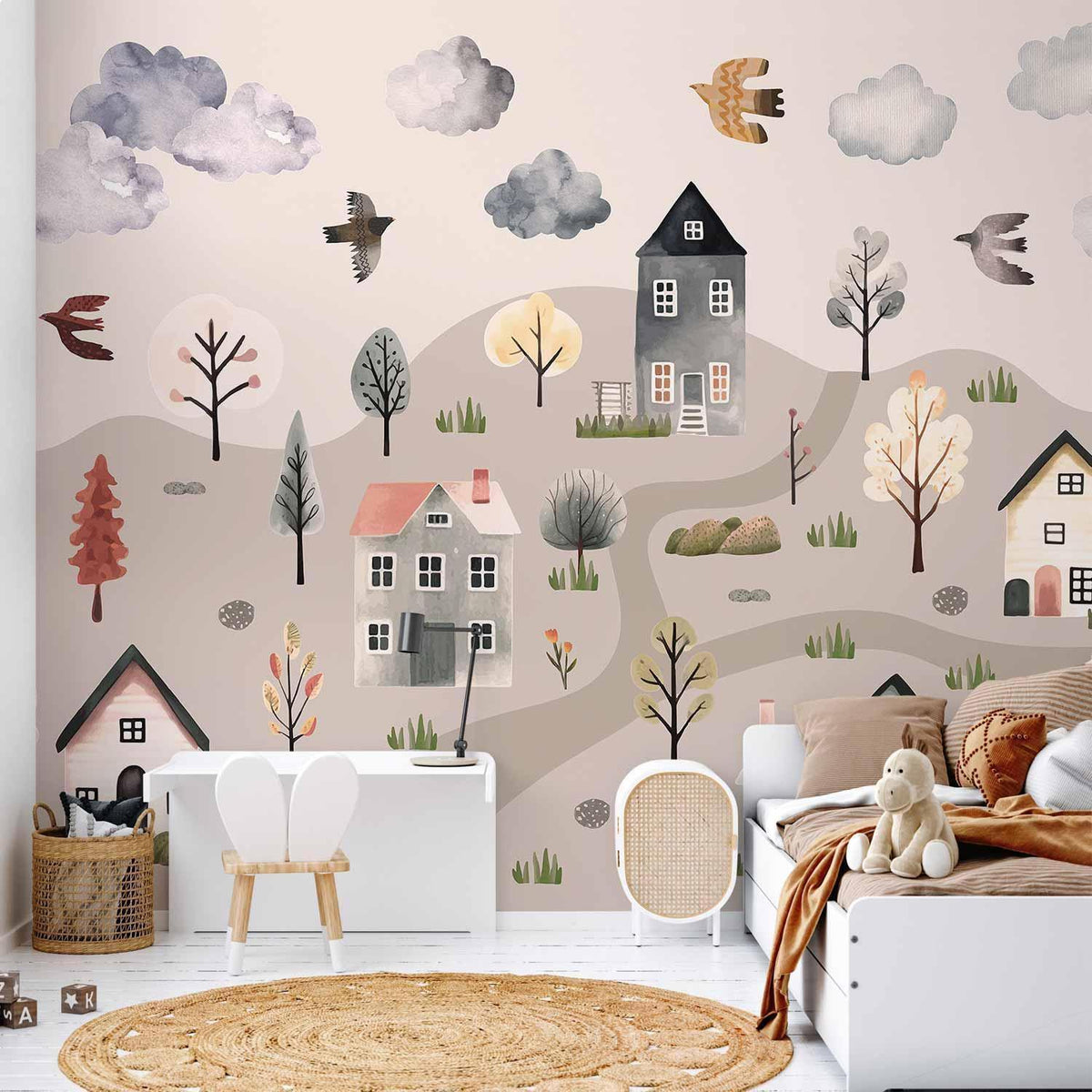 Skandinavisches Bergdorf Aquarell – Pastell Fototapete für Kinderzimmer