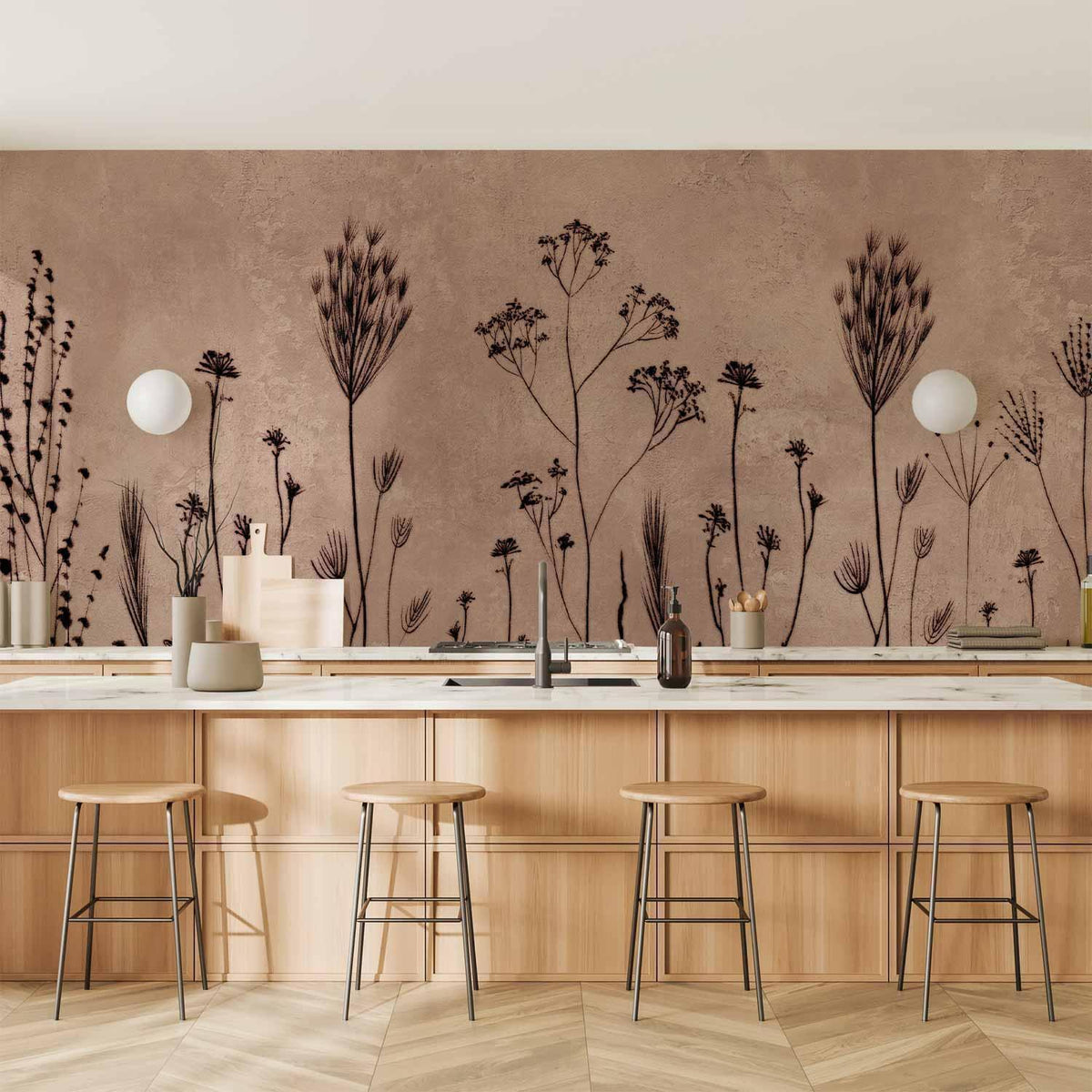 Fototapete Wildblumen – Botanische Silhouetten auf Hellbraun