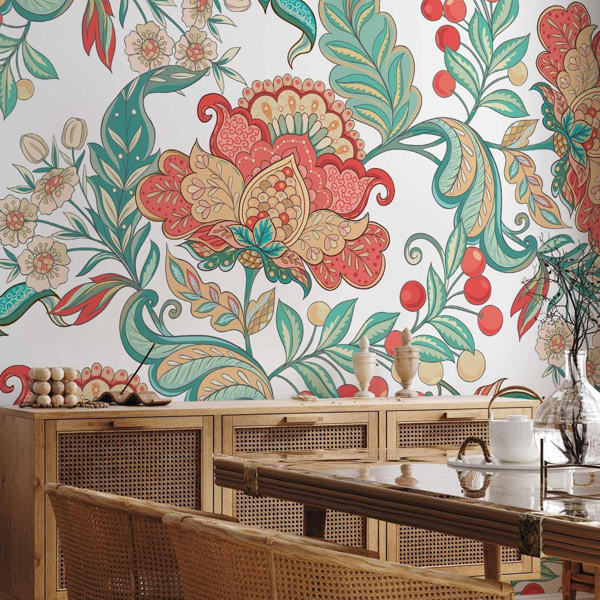 Fototapete - Ethnic vegetation - plant motif with ornaments in coloured flowers