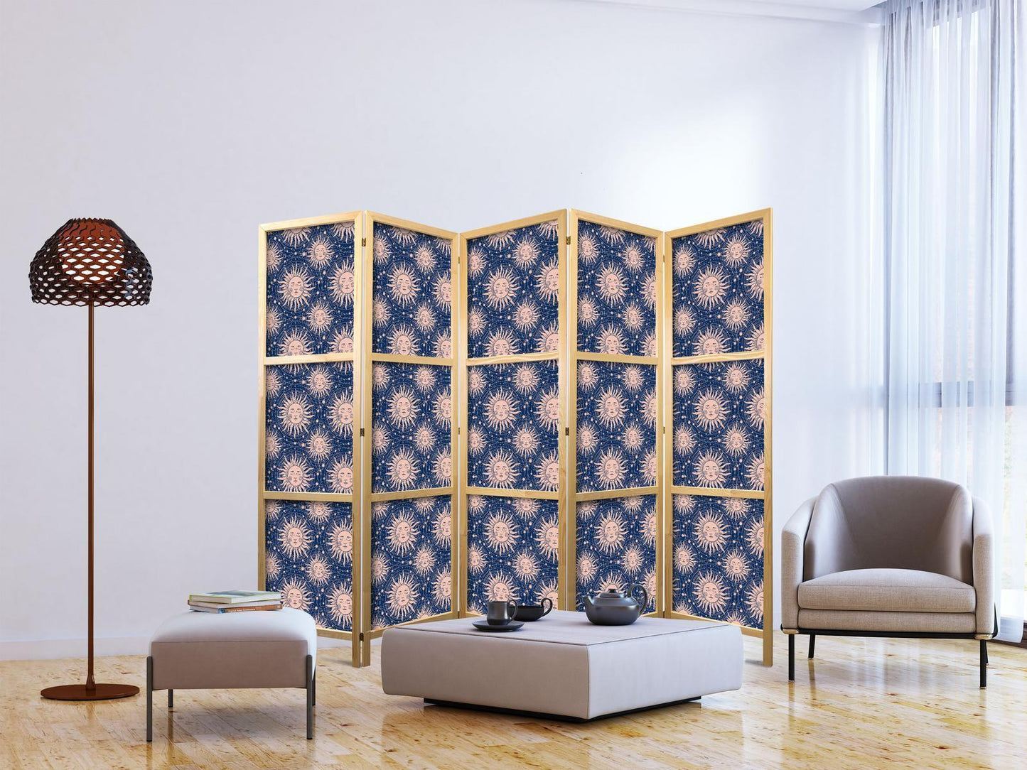 Japanischer Paravent - Sunny Patterns - Repeating Sun Motif on a Navy Background Artgeist