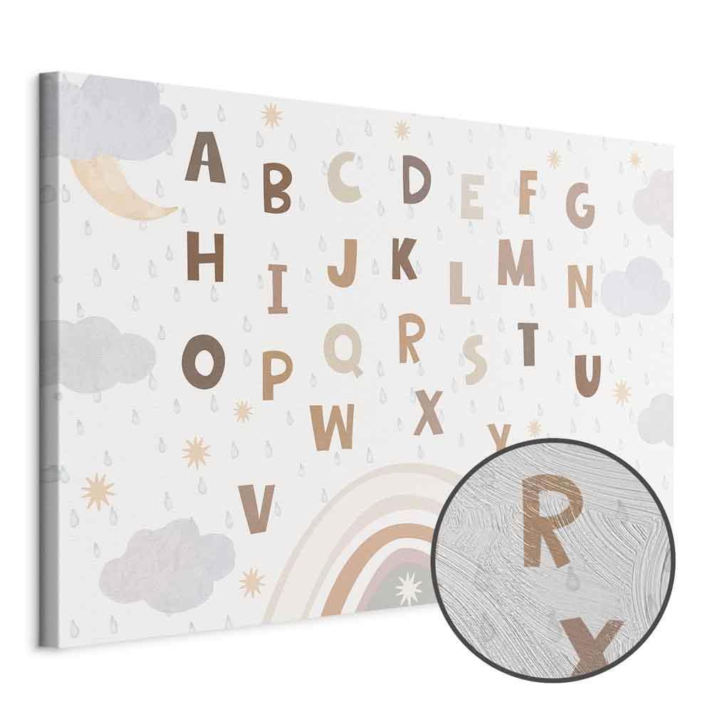 Leinwandbild - Letters Above the Rainbow - Letters Among Streams of Rain and Clouds with a Rainbow Moon and Stars on a Light Background