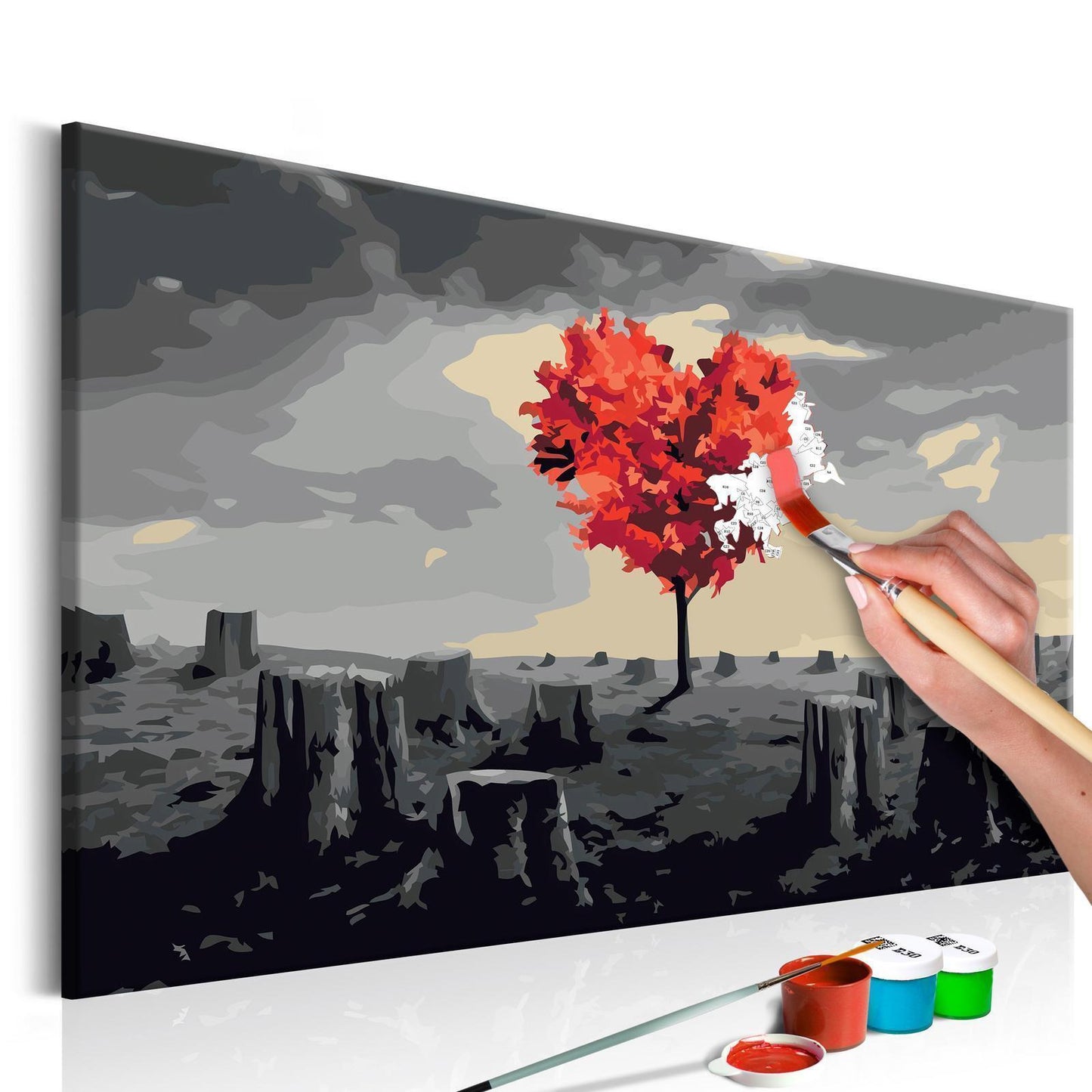 Wandbild zum Ausmalen Heart-Shaped Tree - Herzförmiger Baum Malen nach Zahlen Set mit Leinwand, Farben und Pinseln