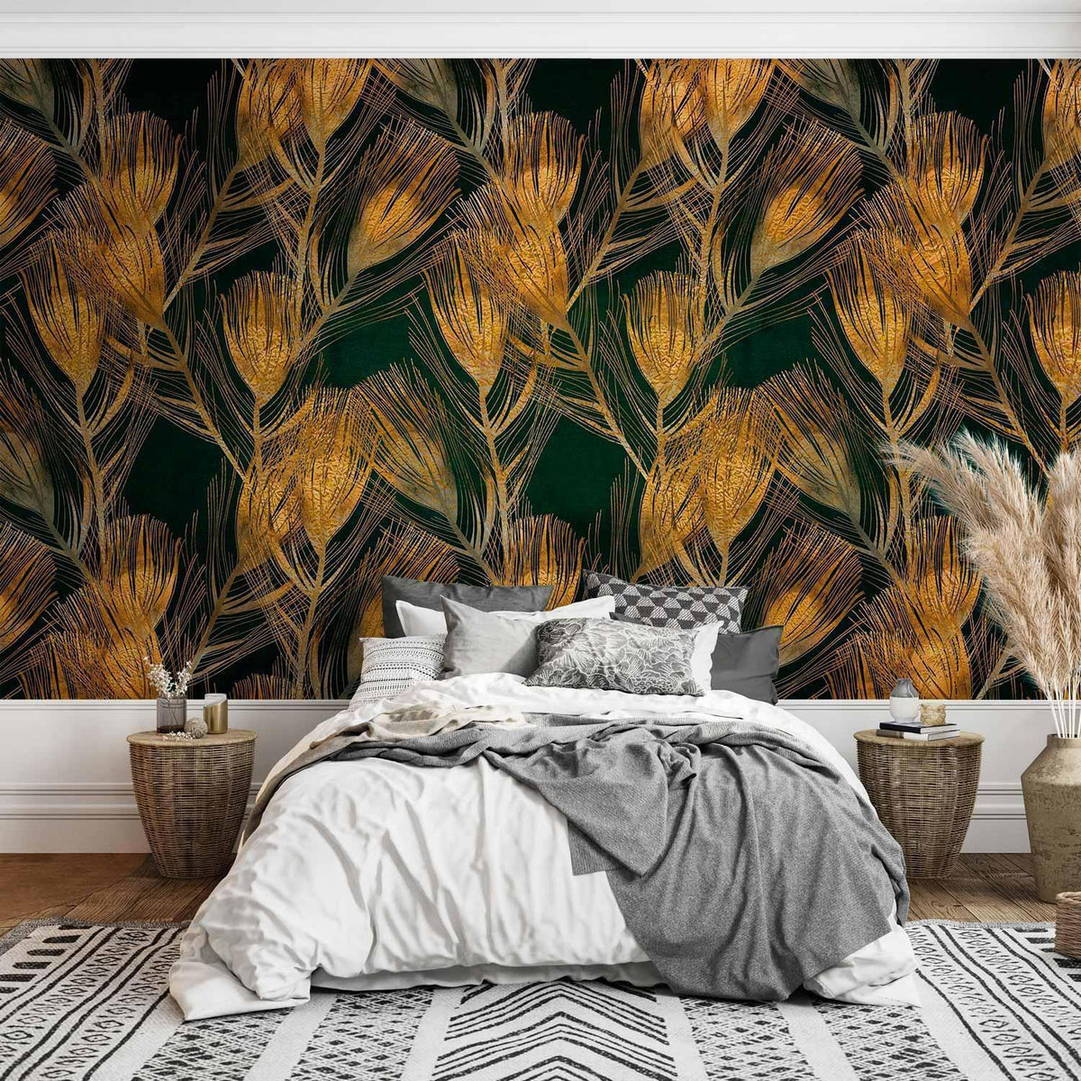 Fototapete - Golden peacock feathers - solid background with bird pattern on green background