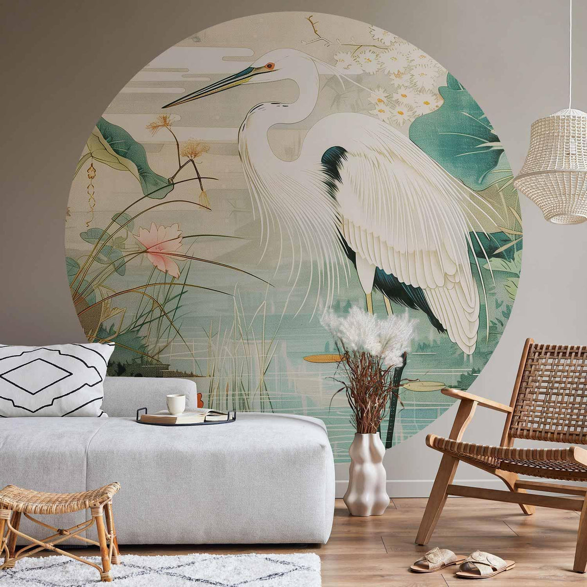 Runde Fototapete - By an Asian pond - an illustration in the style of a Japanese engraving, depicting a heron