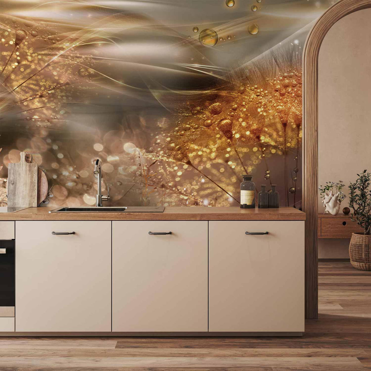 Fototapete Goldene Pusteblumen - Aquarell Botanik auf Beige