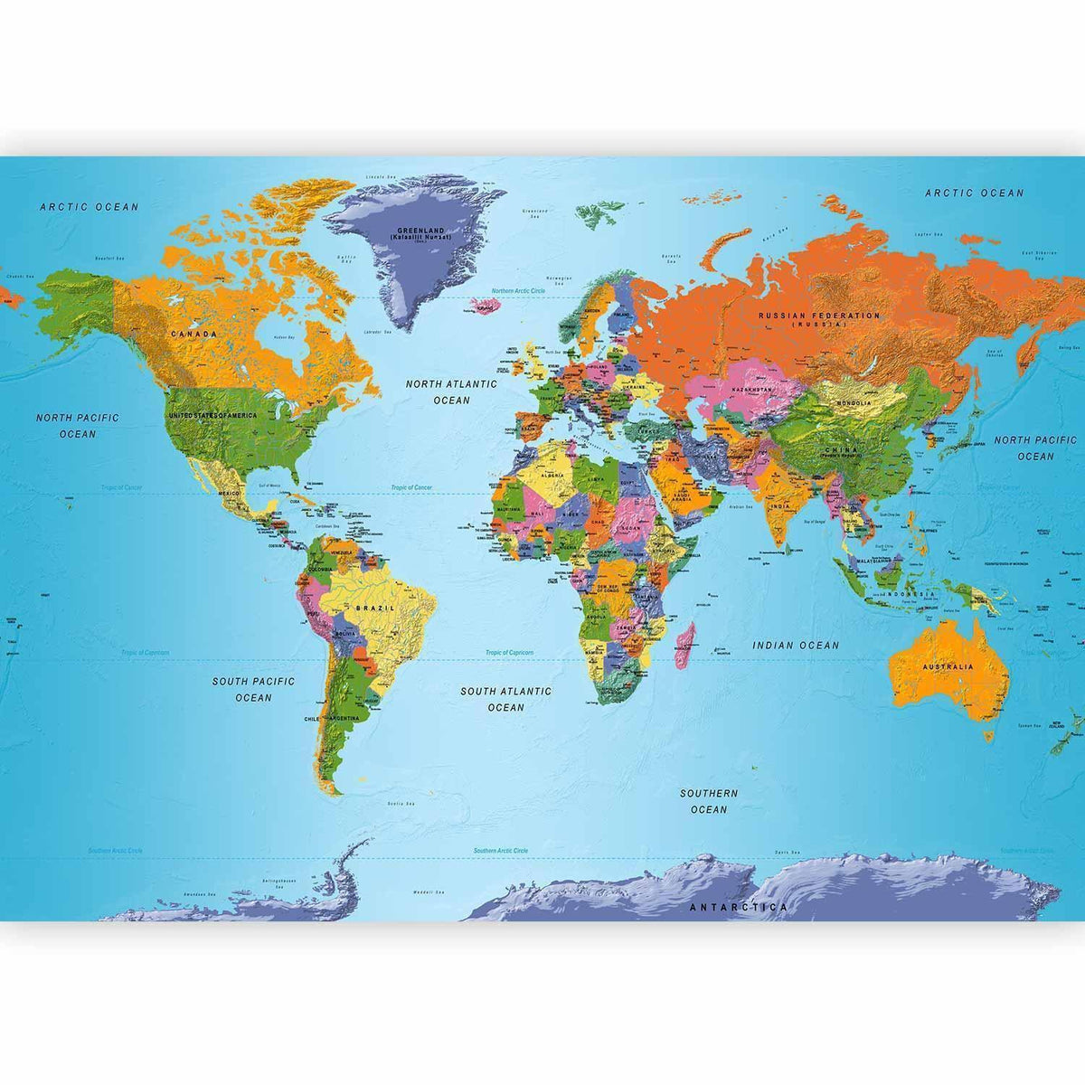 Fototapete Weltkarte Bunt - Moderne Geografie mit Kontinenten und Ozeanen