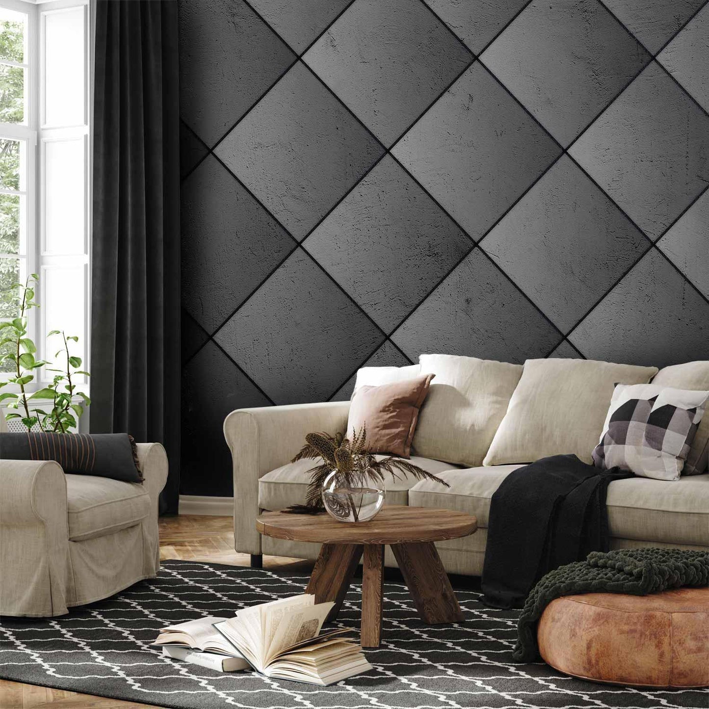 Fototapete - Grey symmetry - geometric pattern in concrete pattern with black joints Artgeist