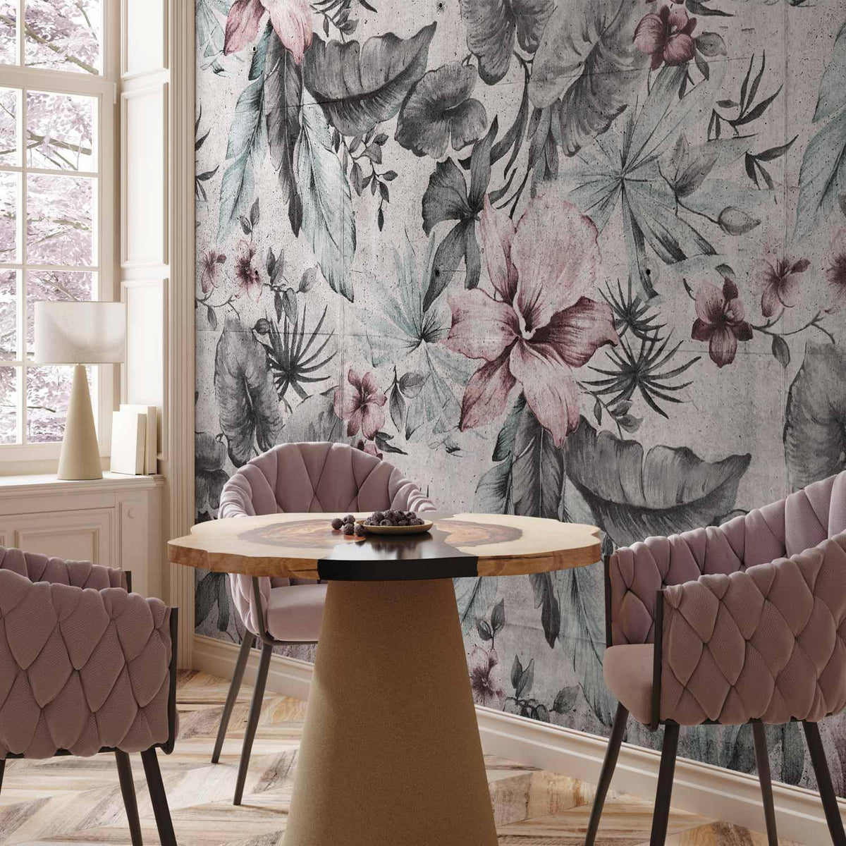 Fototapete Pflanzen im Retro-Stil – Blumen und Blätter in Grautönen