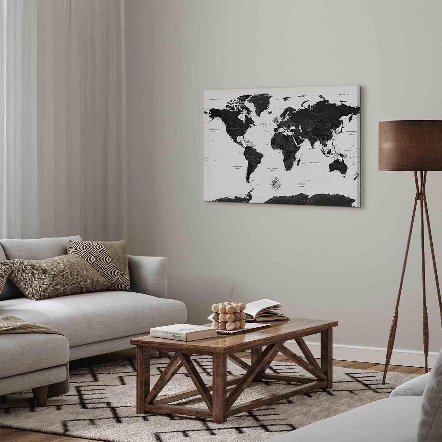 Leinwandbild - Black and White Map (1 Part) Wide Artgeist